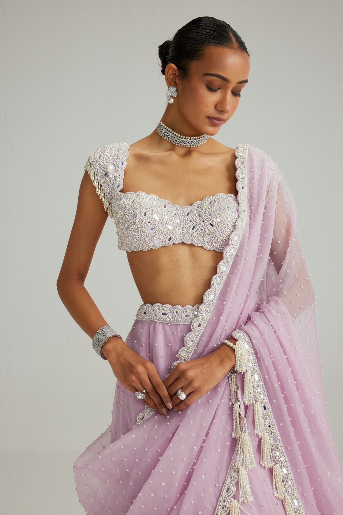 Lavender Mirror and Pearl Lehenga Set