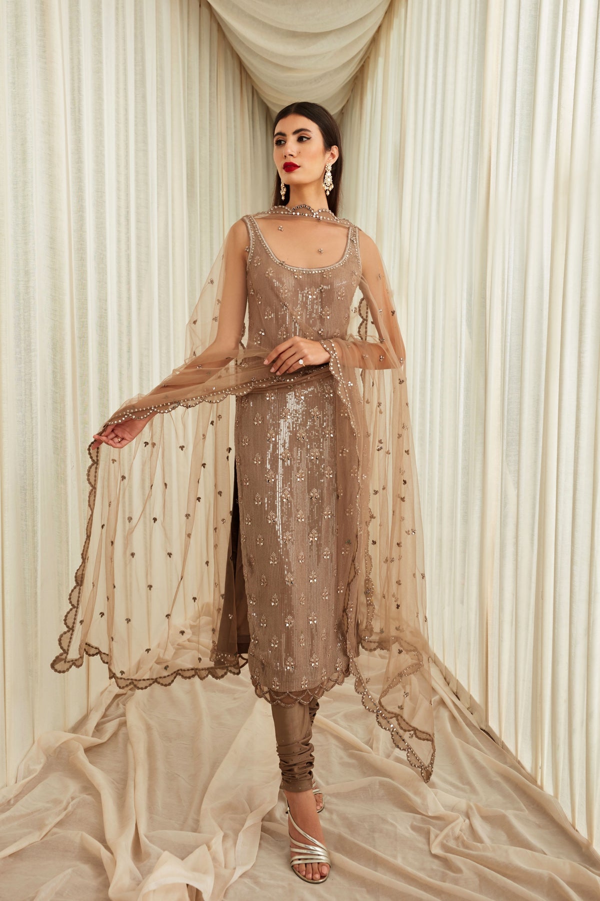 Taupe Sequined Mirror Kurta Set