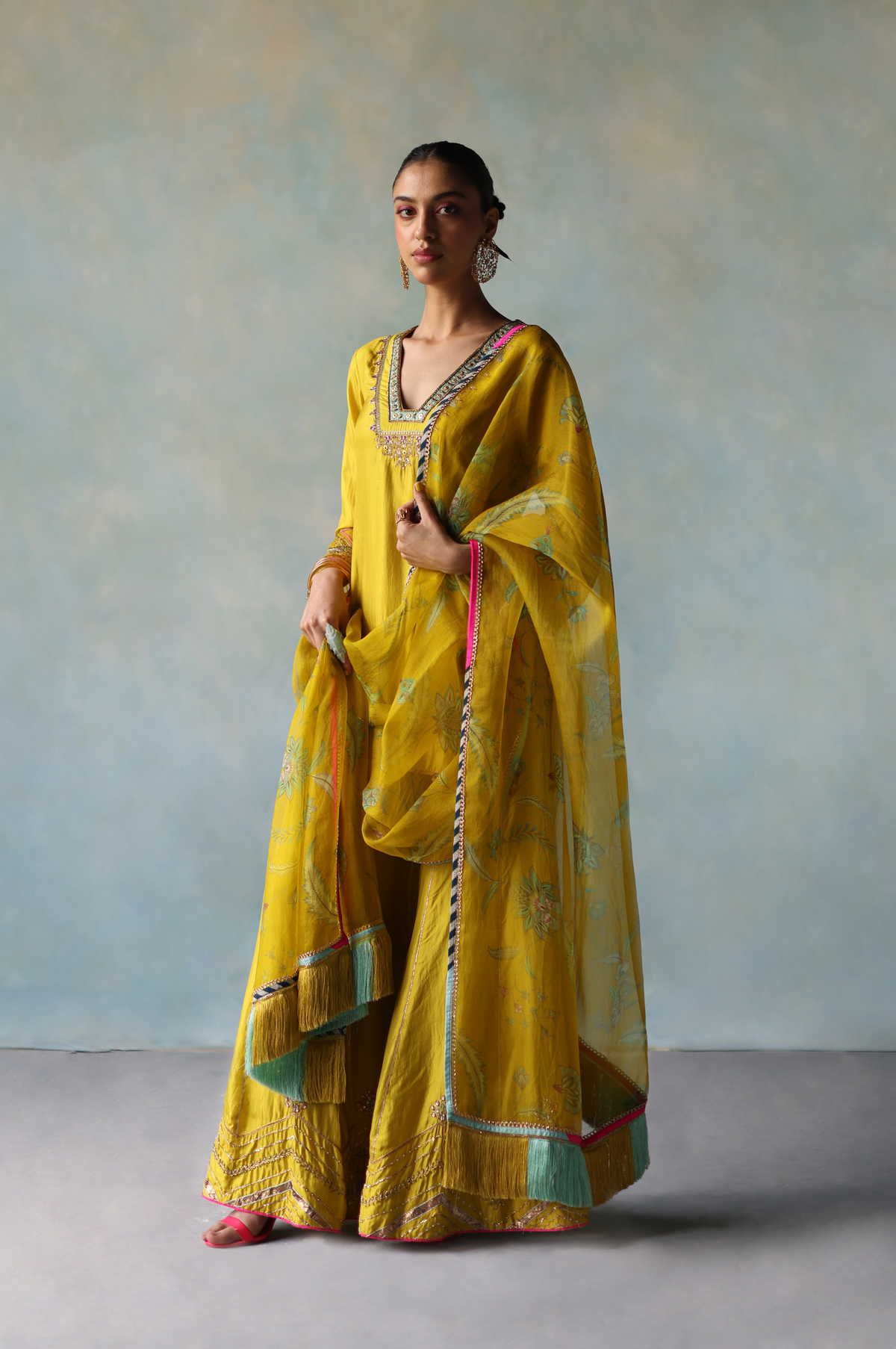 Gul Lime Yellow Silk Sharara Set  