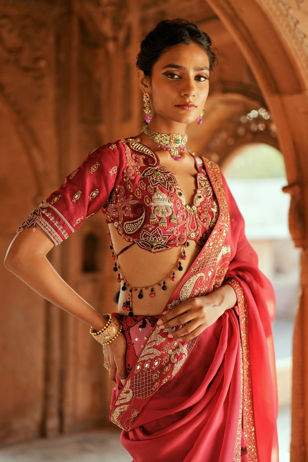 Pink Organza Embroidered Saree Set