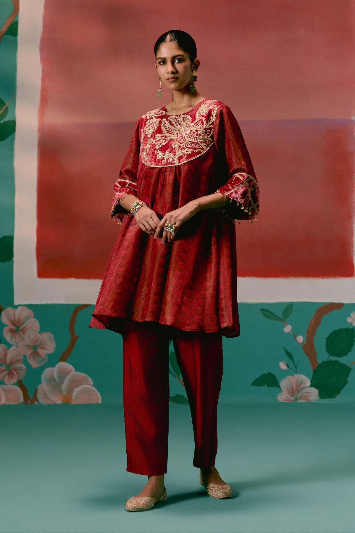 Maroon Embroidered Tunic Set