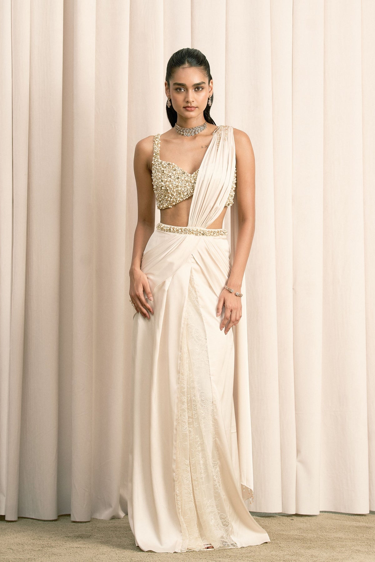Ivory Embellished Draped Saree Set