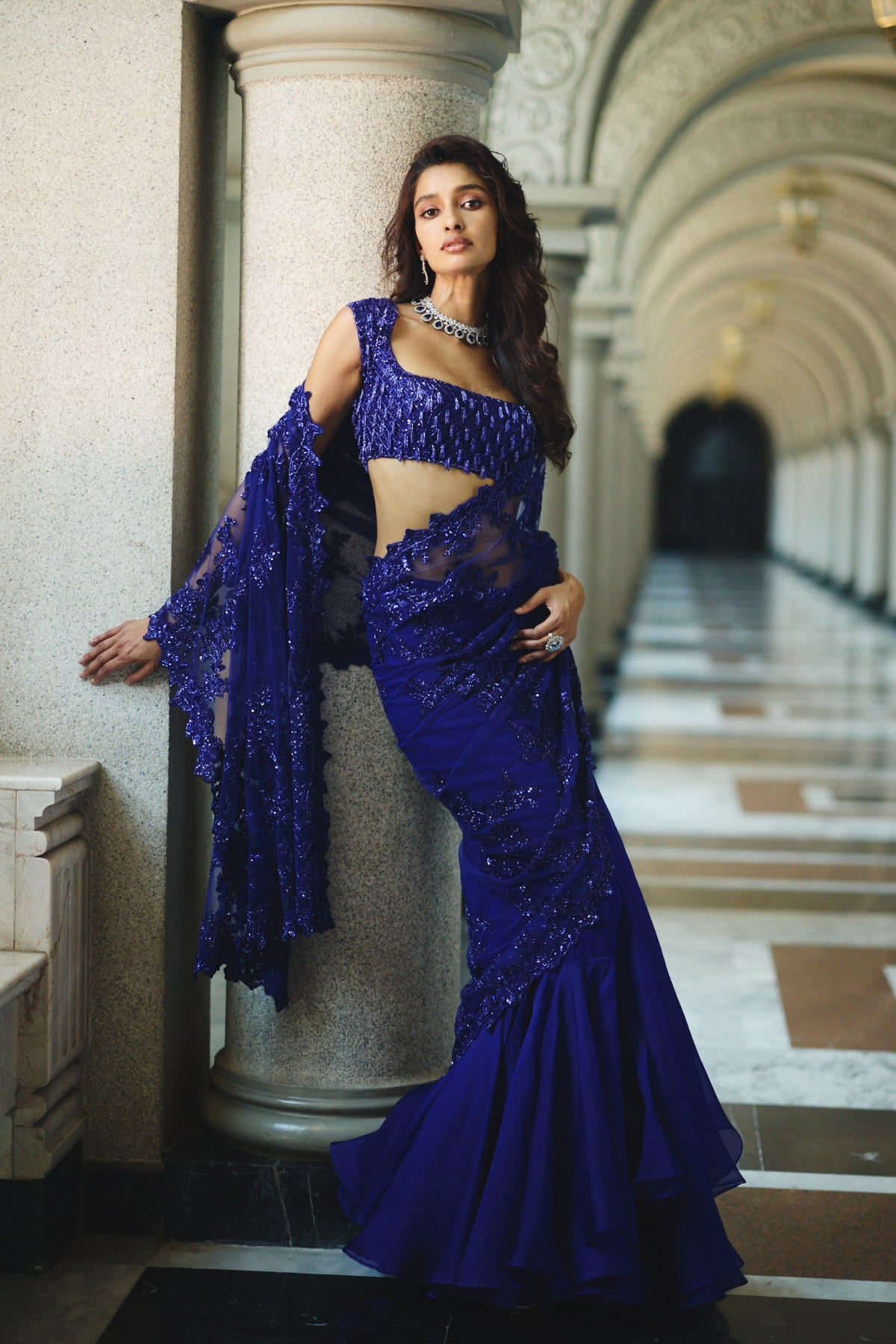 Ink Blue Draped Saree Set