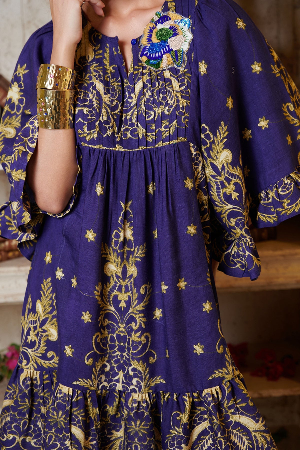 Purple Printed One Tier Mini Dress
