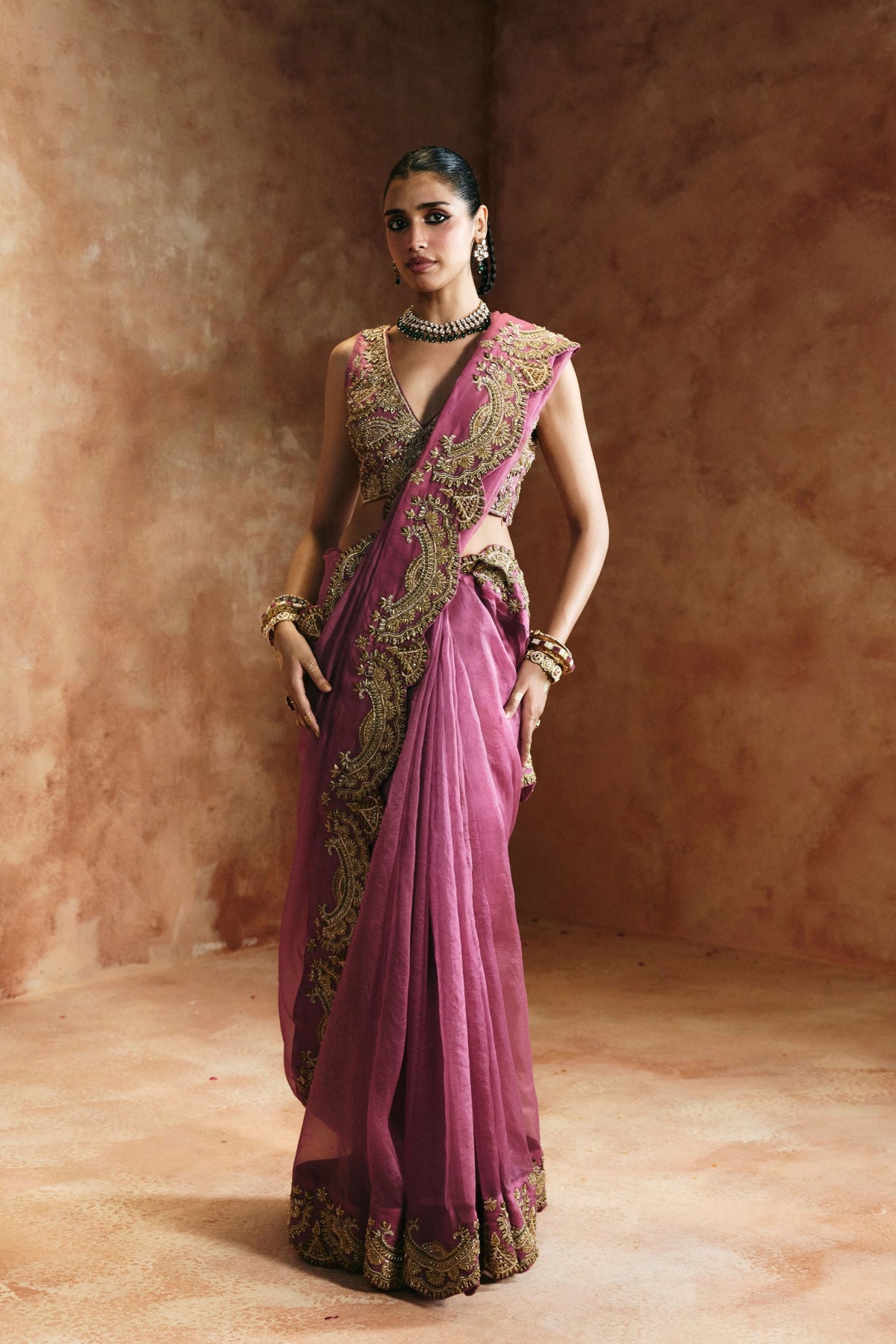 Peach Gold Sindh Zardozi Saree Set