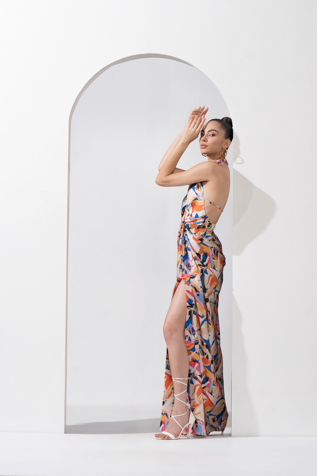 Abstract Geo Printed Draped Halter Neck Dress