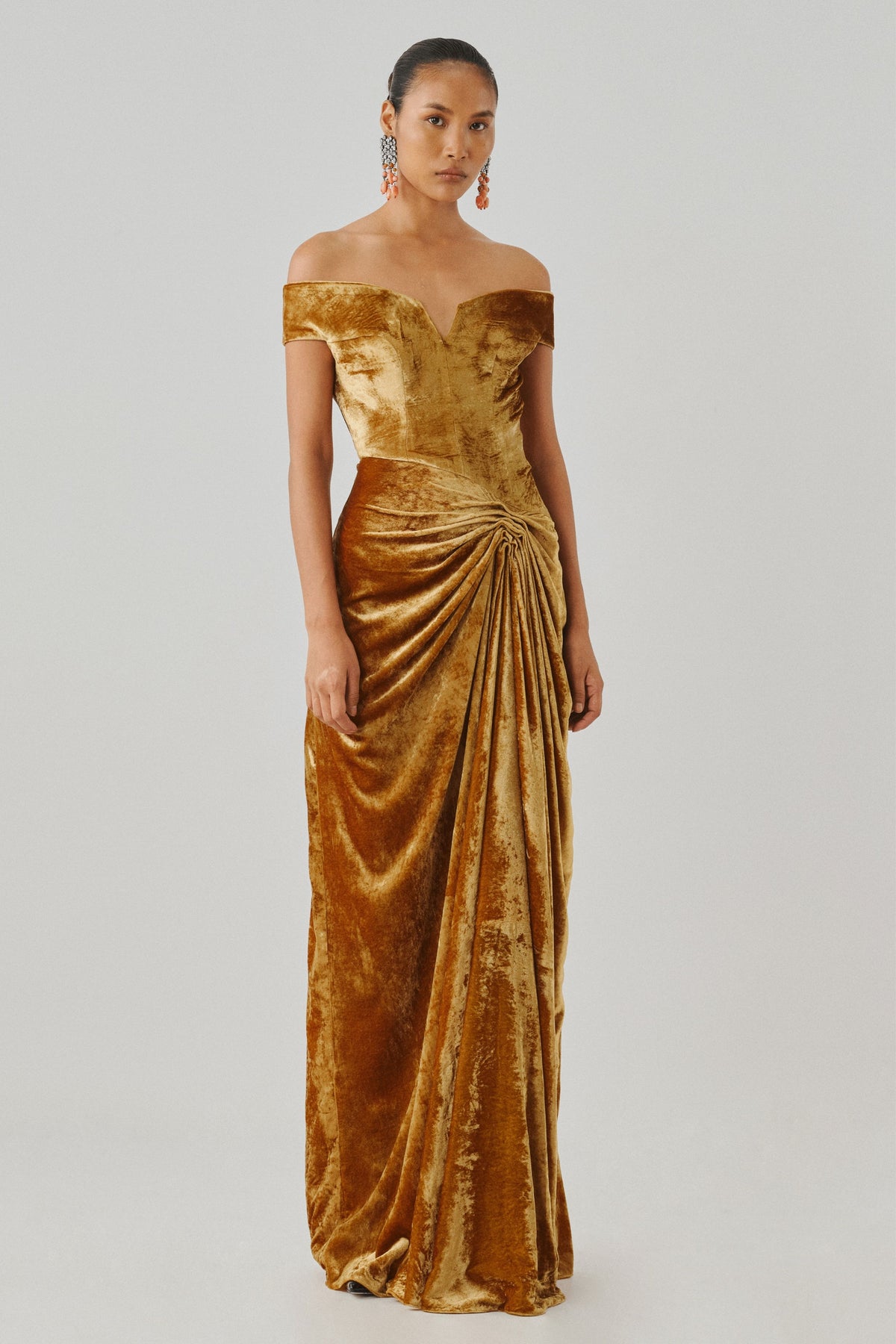 Molten Gold Off-Shoulder Gown