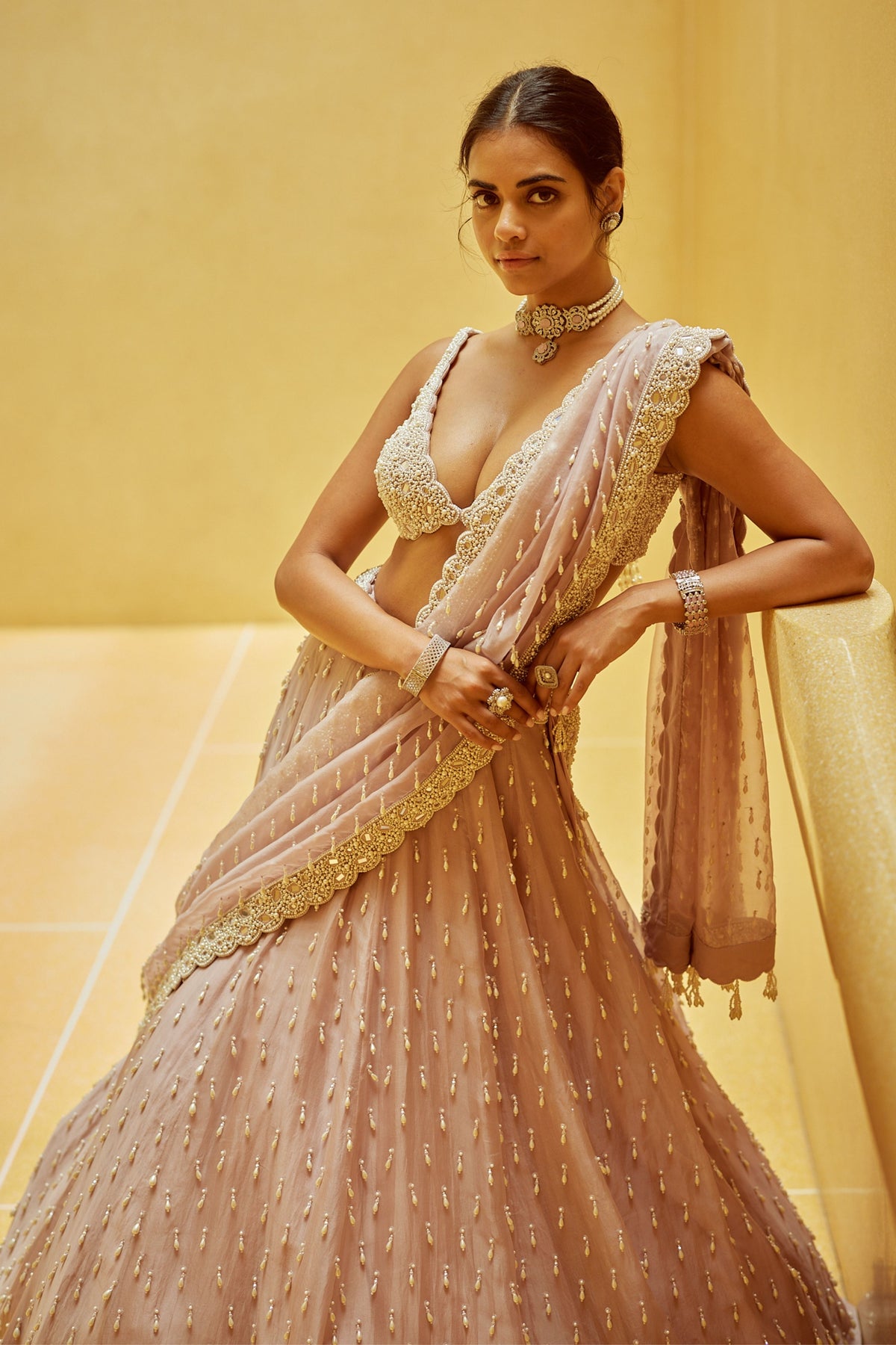 Ash Pink Pearl Drop Lehenga Set