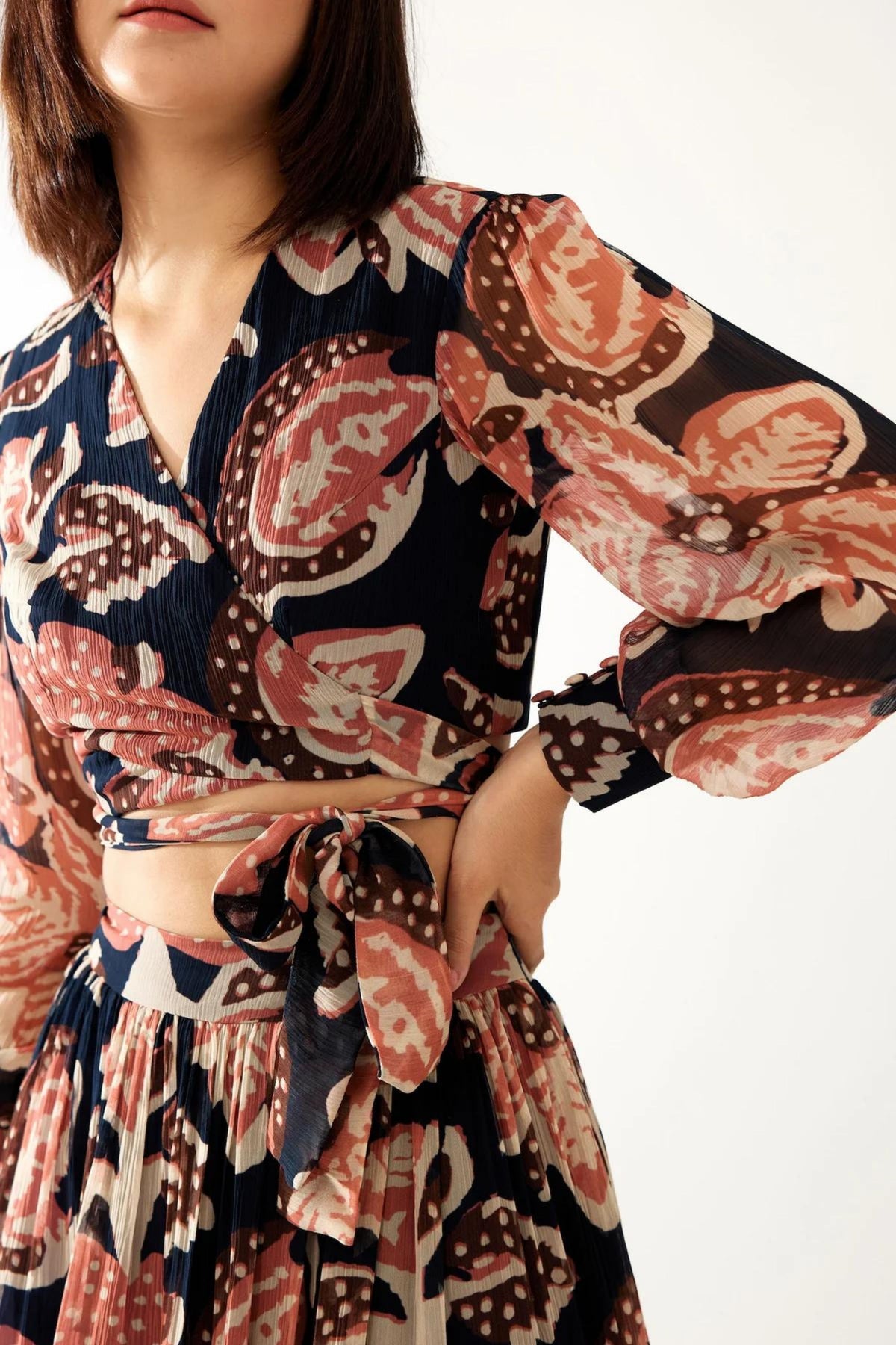 Blue And Pink Floral Wrap Top