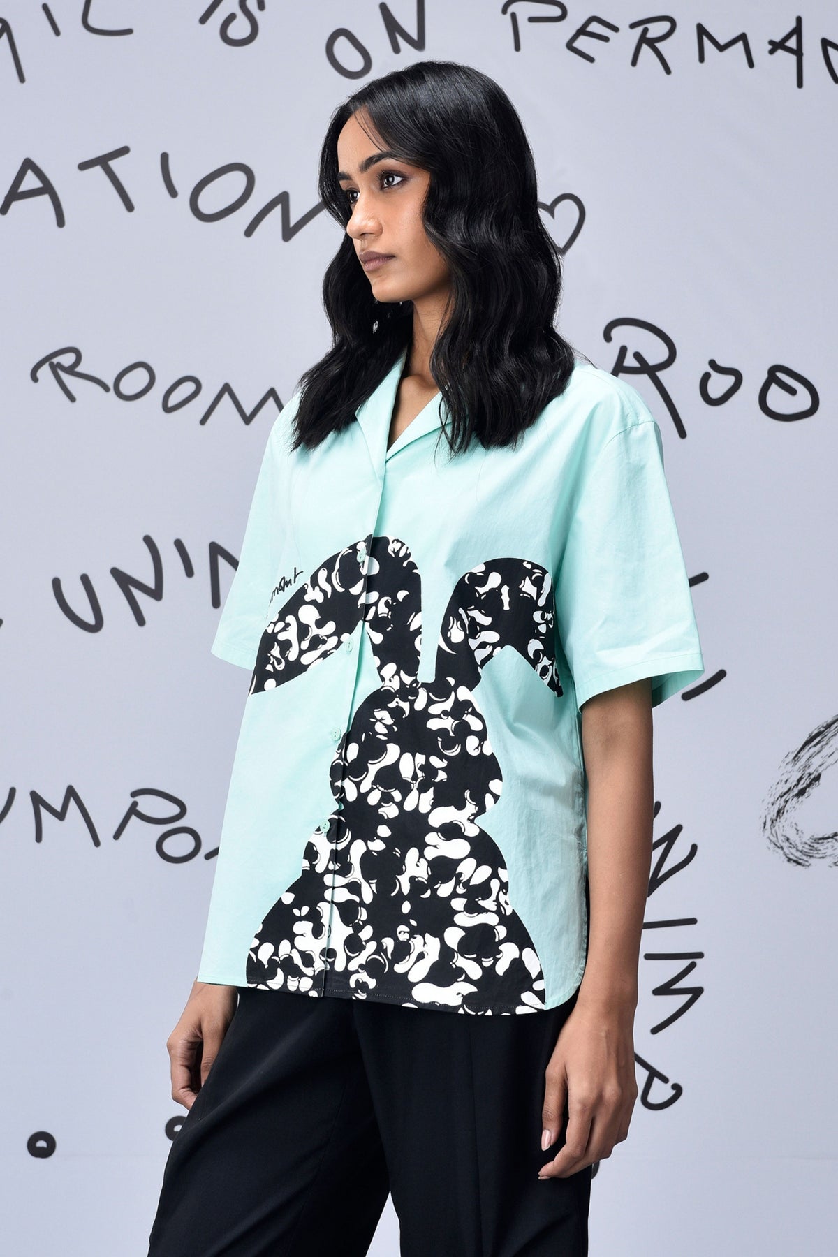 Scribble Rabbit Cuban Shirt Nile Green