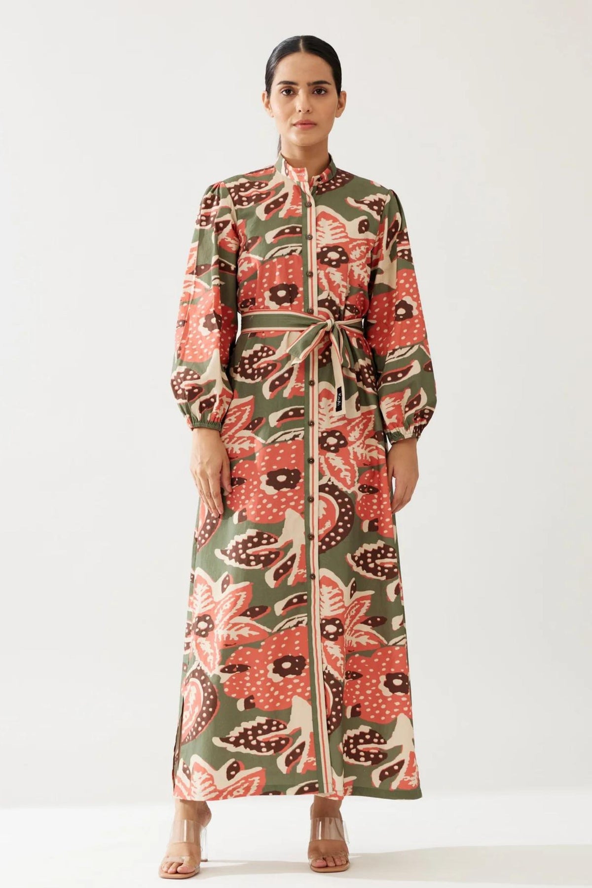 Green Beige And Pink Floral Dress