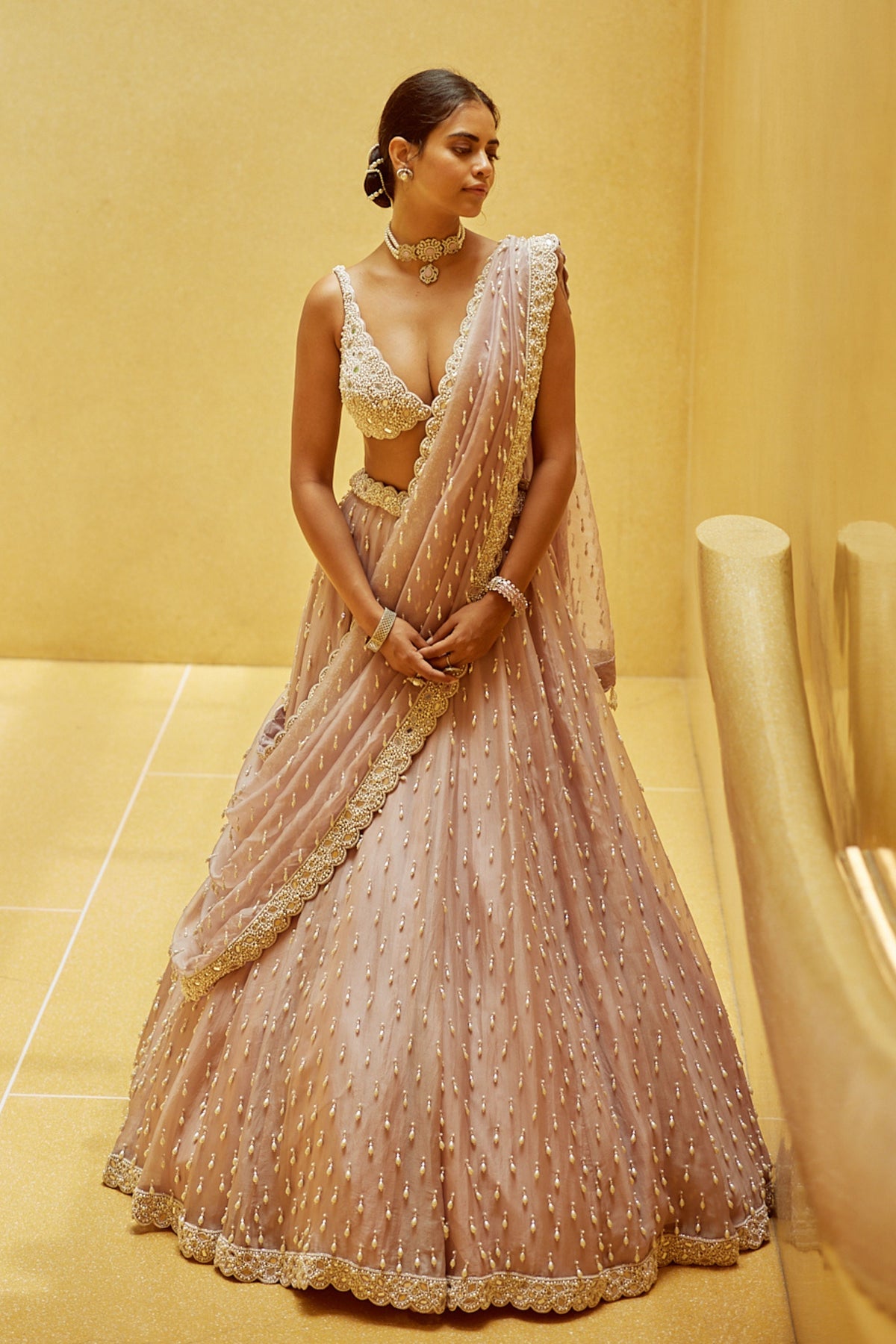 Ash Pink Pearl Drop Lehenga Set