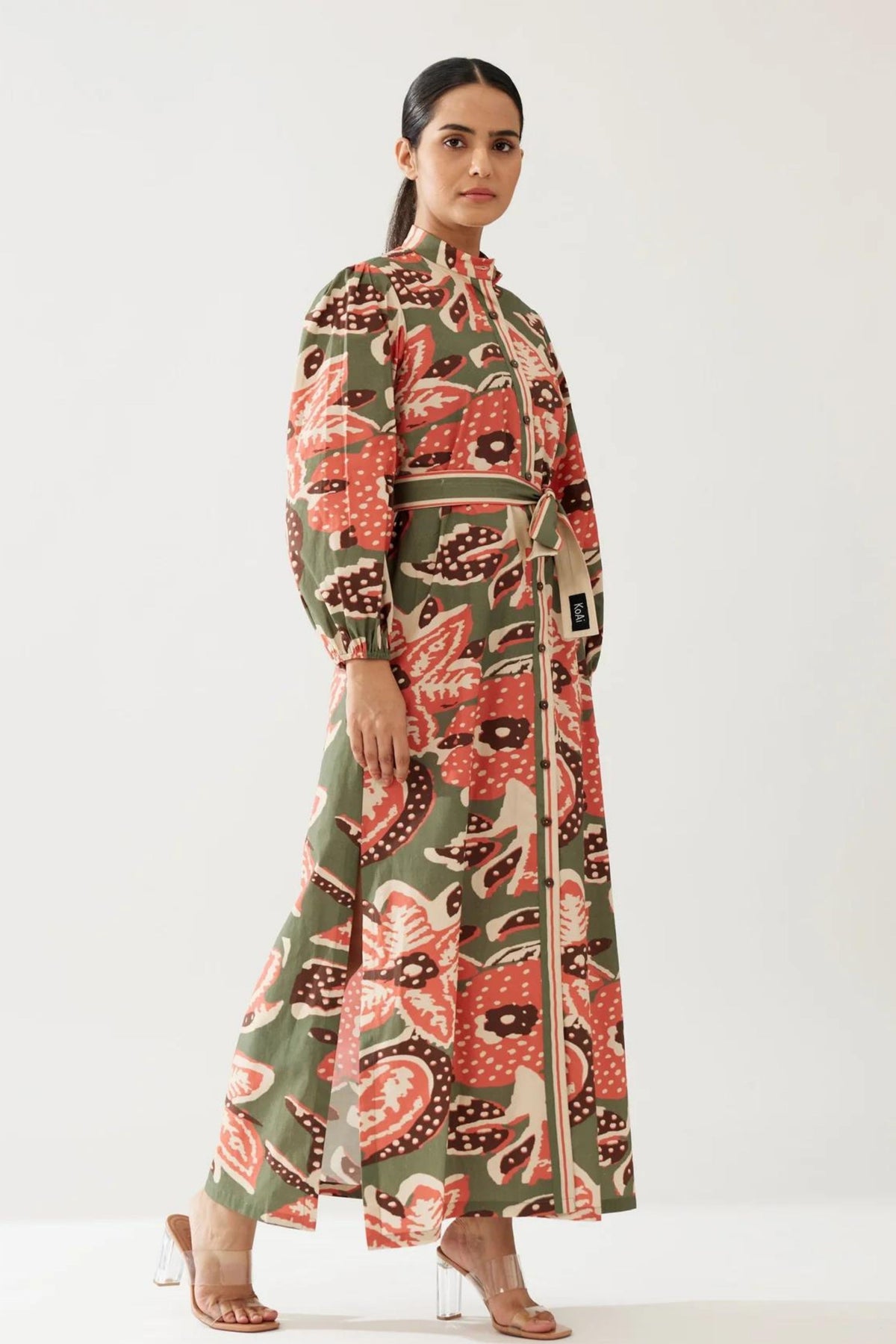 Green Beige And Pink Floral Dress