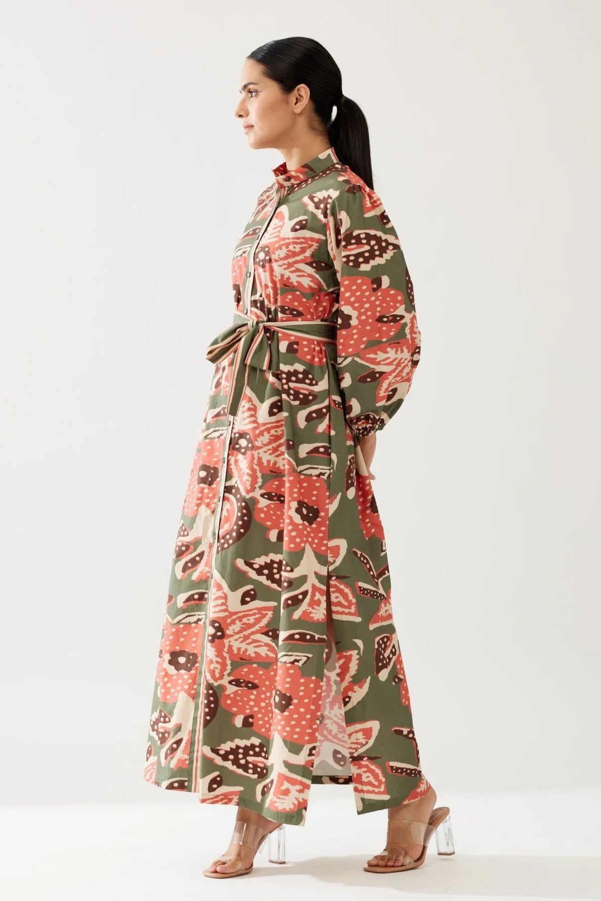 Green Beige And Pink Floral Dress