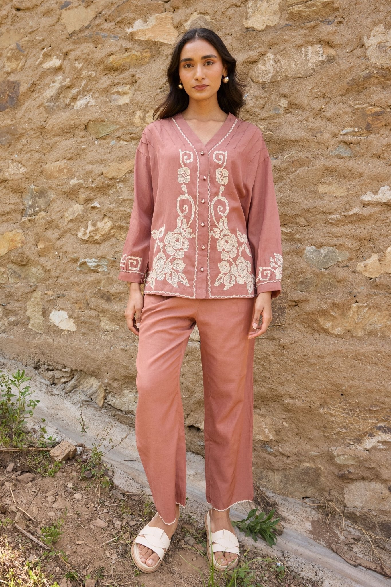 Brown Front Open Pintuck Top - Ayaka - Elahe