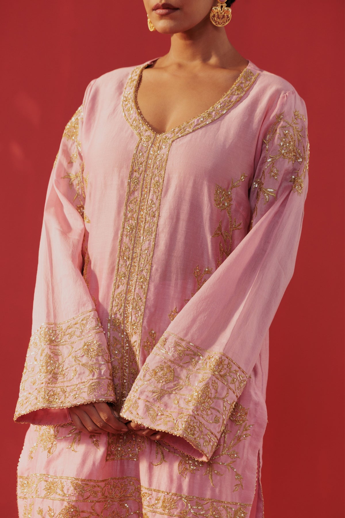 Pink Chanderi Short Kurta Set