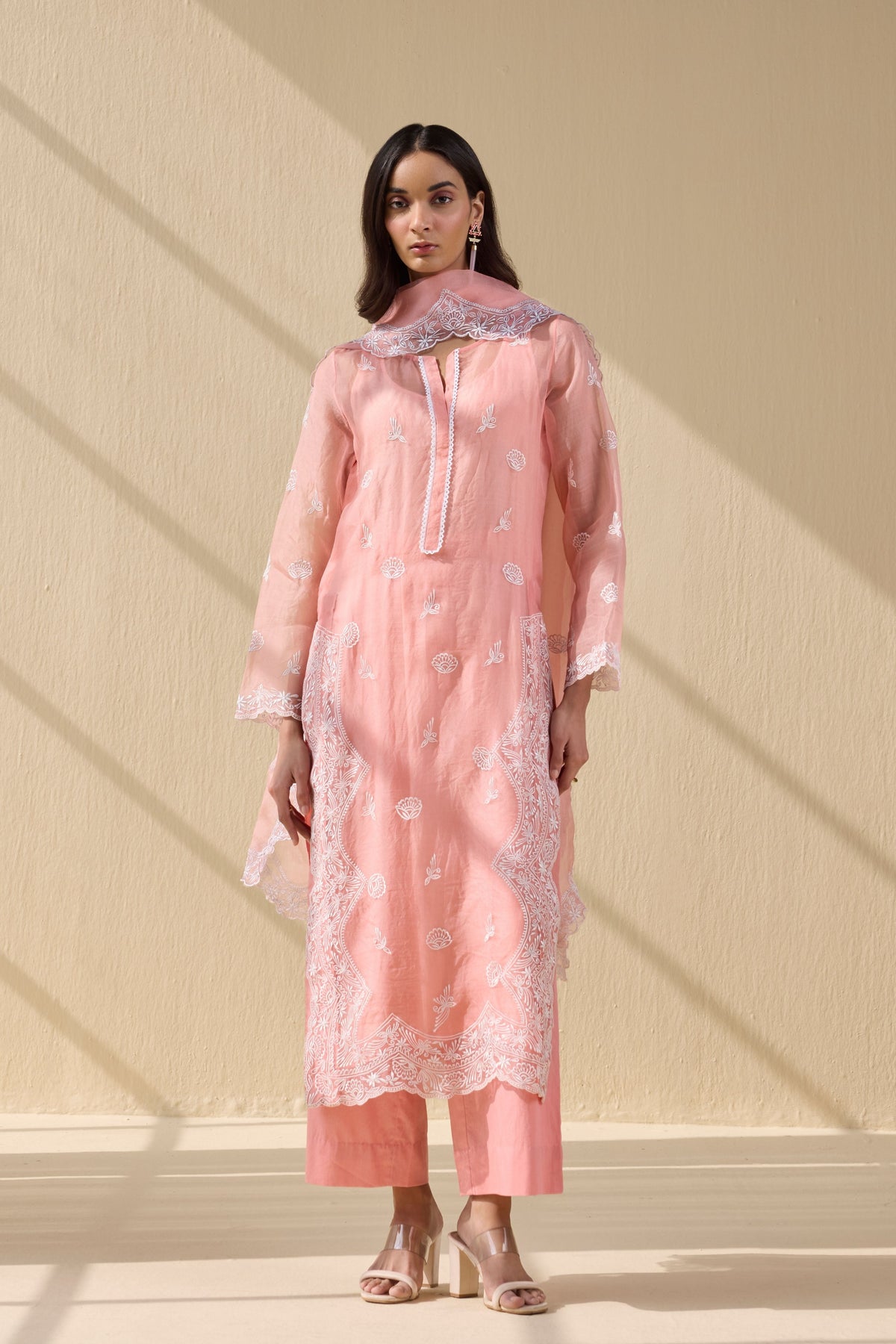 Summer pink Embroidered Organza Suit