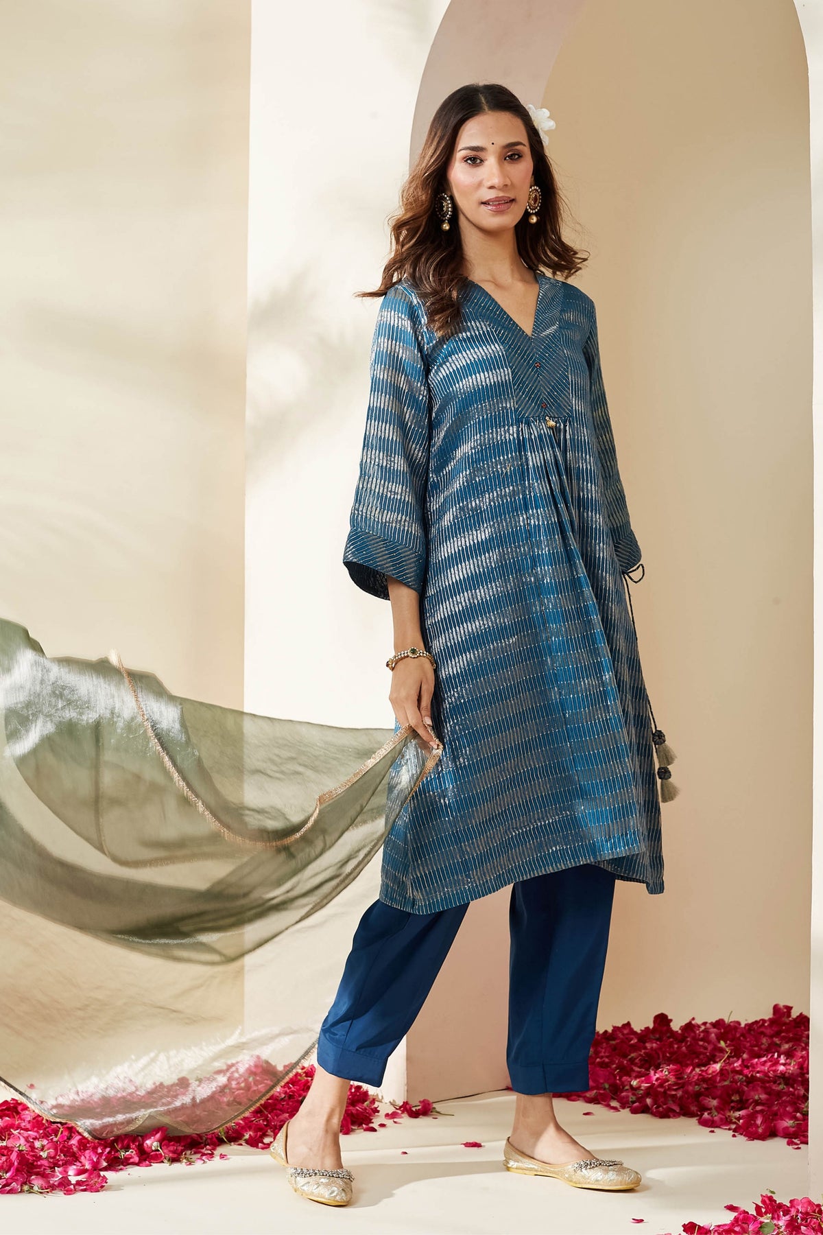 Blue Zari Stripe Kurta Set