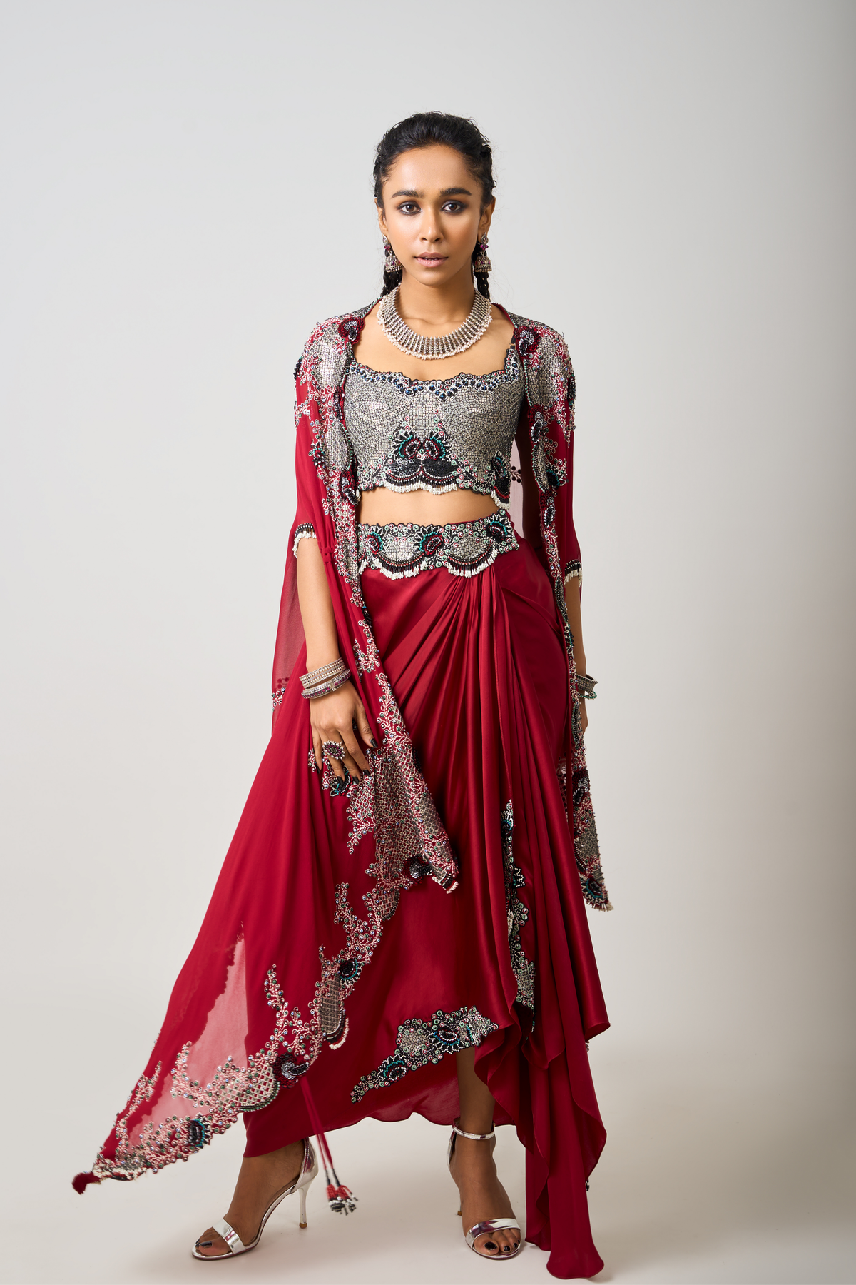 Burgundy Embroidered Cape Set