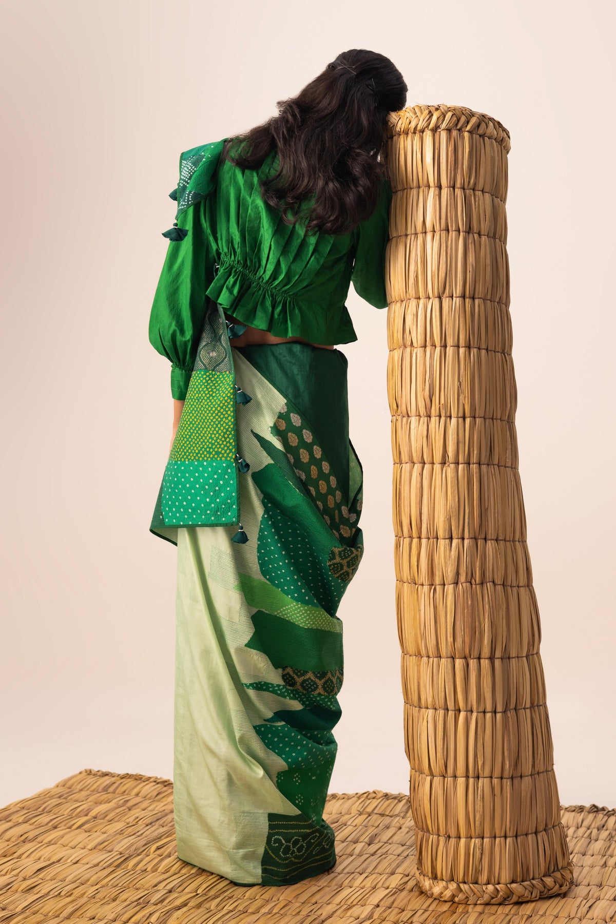 Green Bandhani Patchwork Saree set
