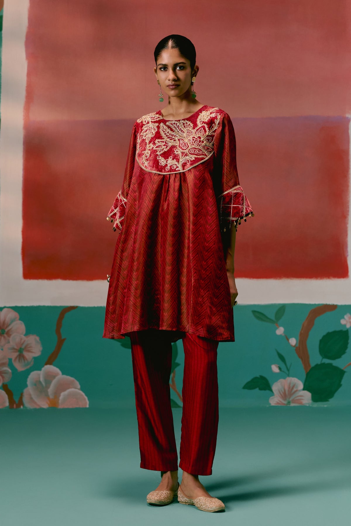 Maroon Embroidered Tunic Set