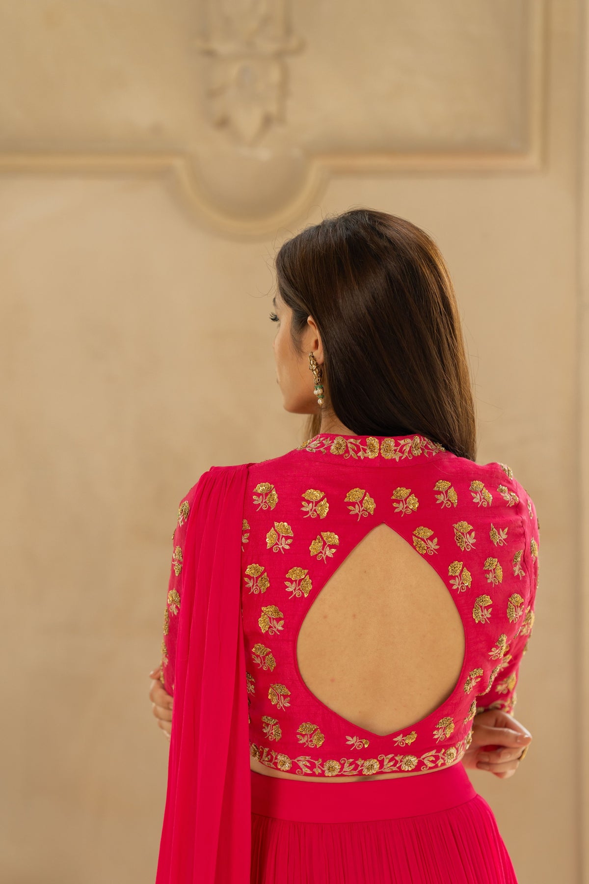Rani Pink Antique Embroidered Sari Set