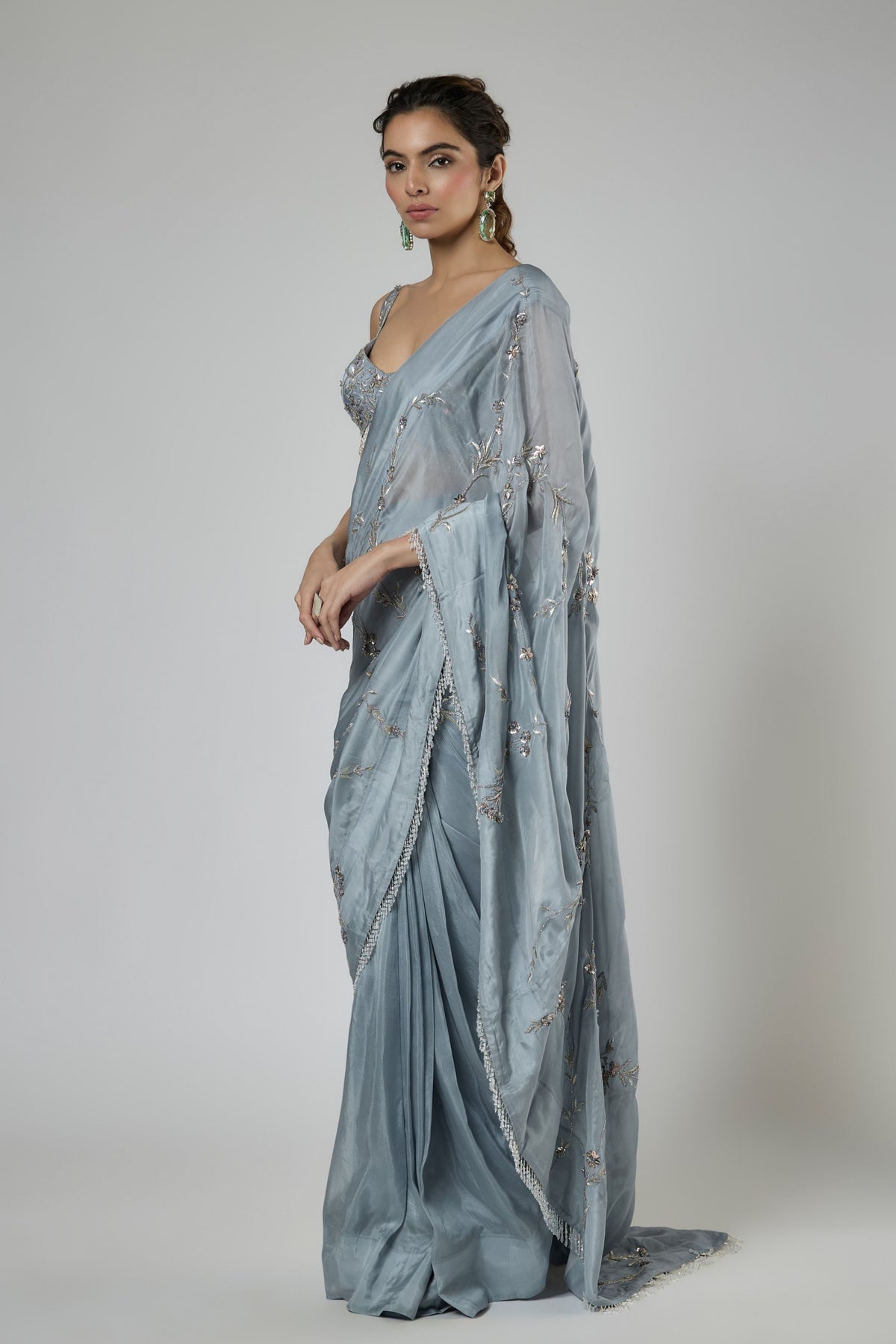 Periwinkle Floral Draped Saree Set