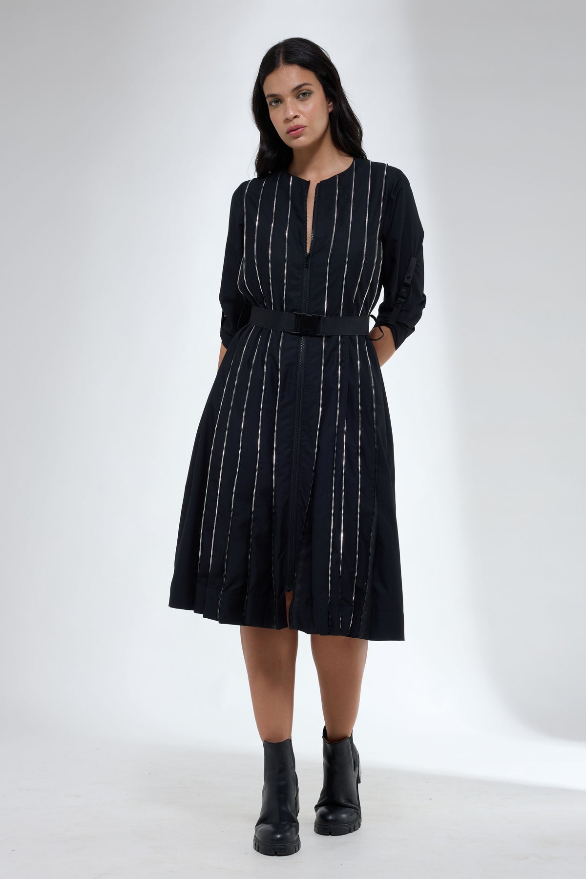 Mid Calf Pleated Black Dress