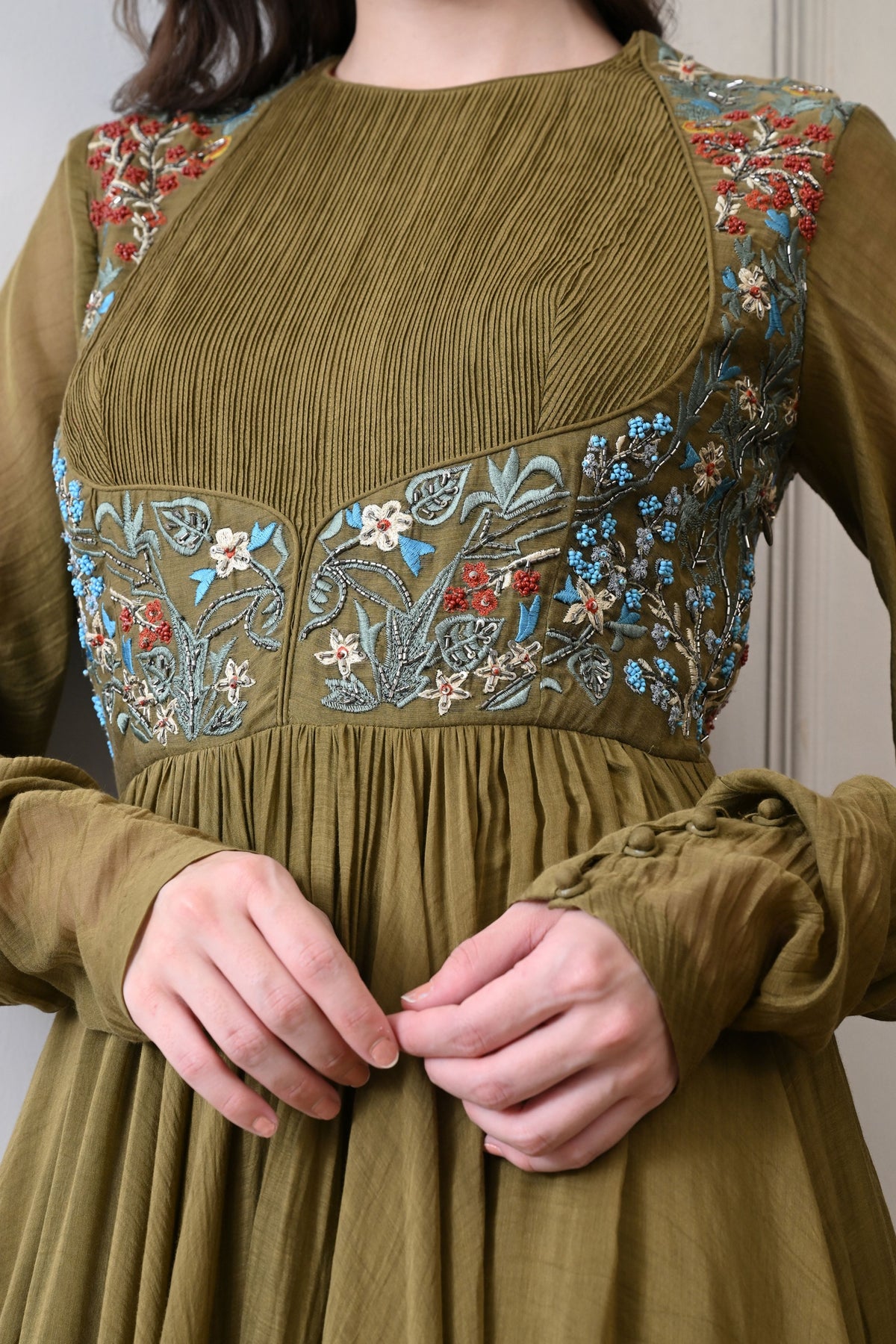 Olive Pintuck Bodice Embroidered Anarkali