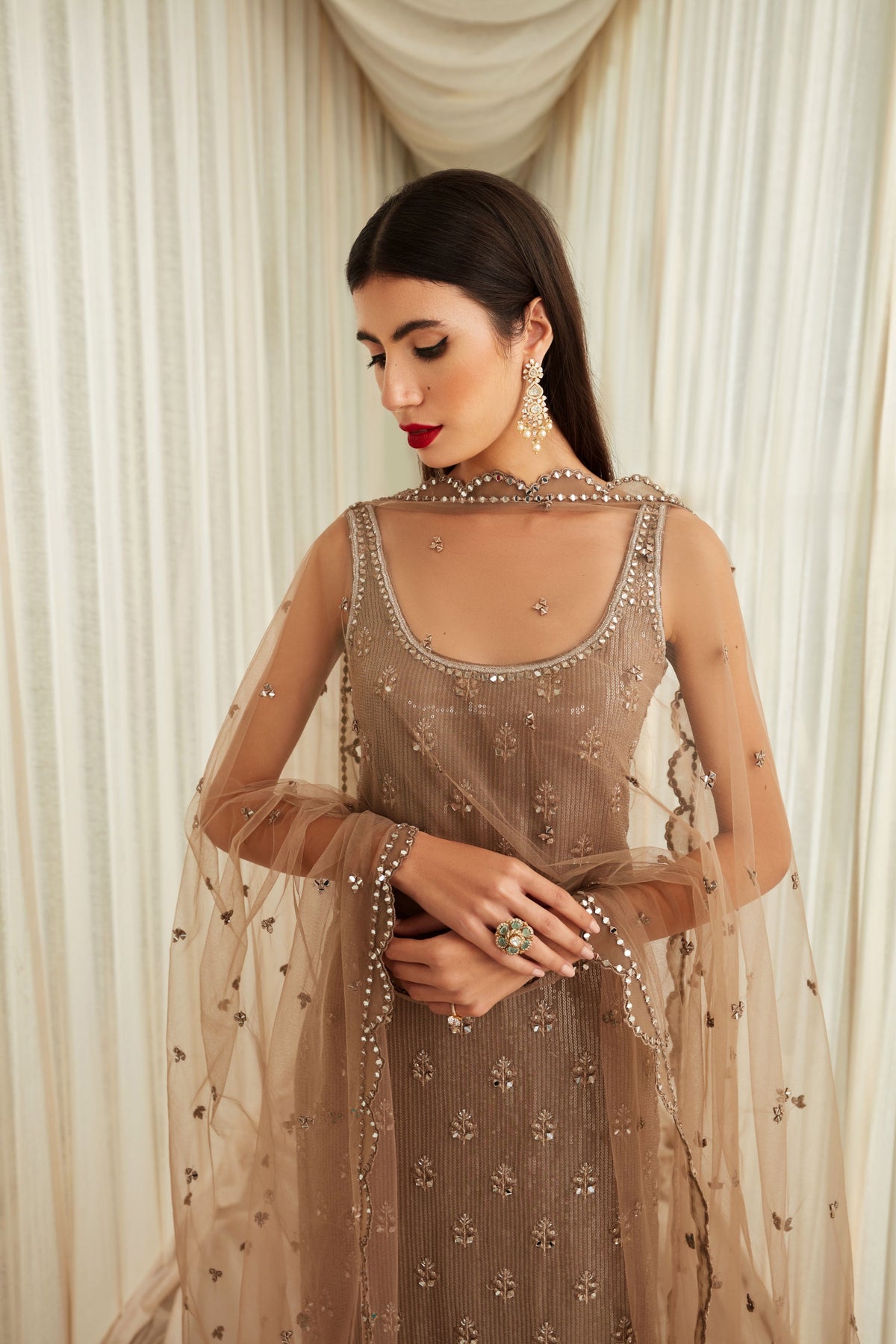 Taupe Sequined Mirror Kurta Set