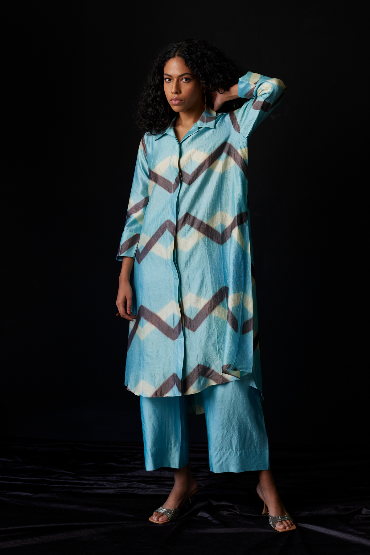 Light Blue Tie-Dye Silk Shirt Set