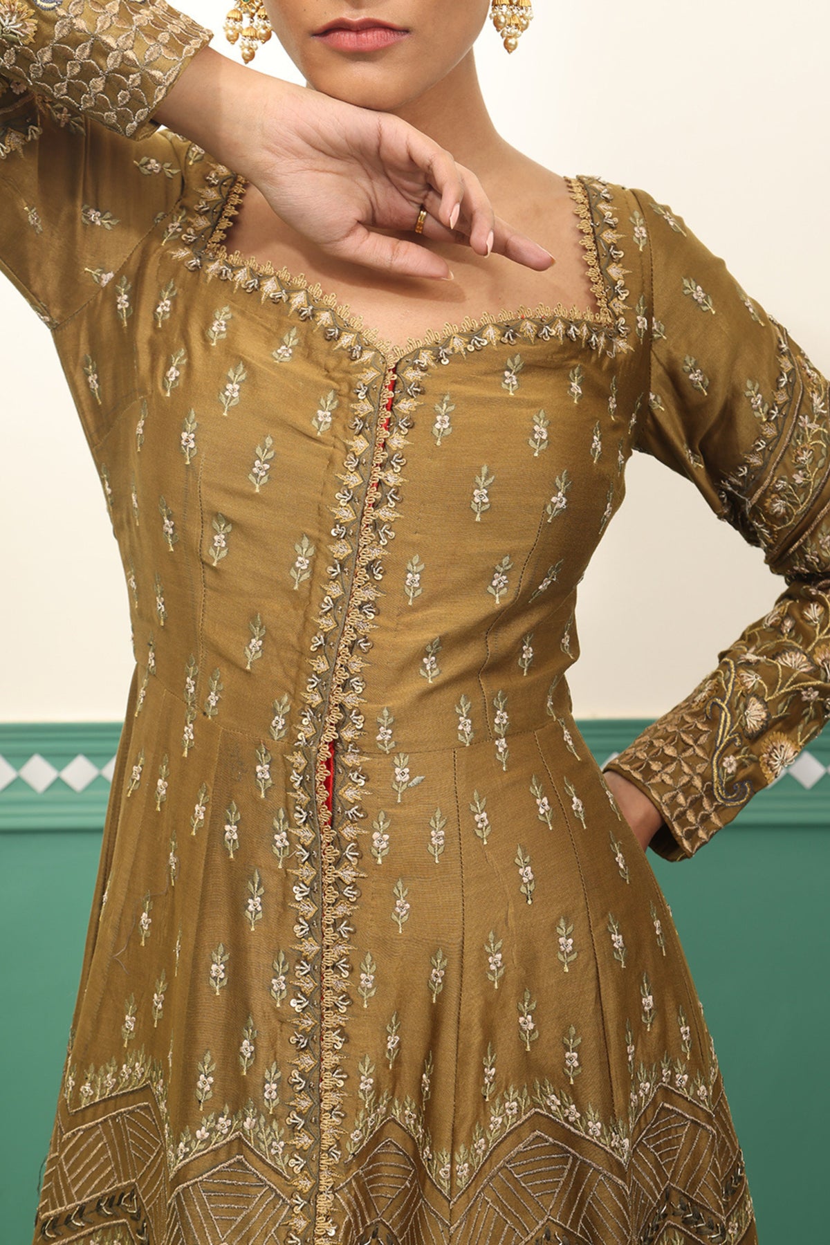 Olive Embroidered Anarkali
