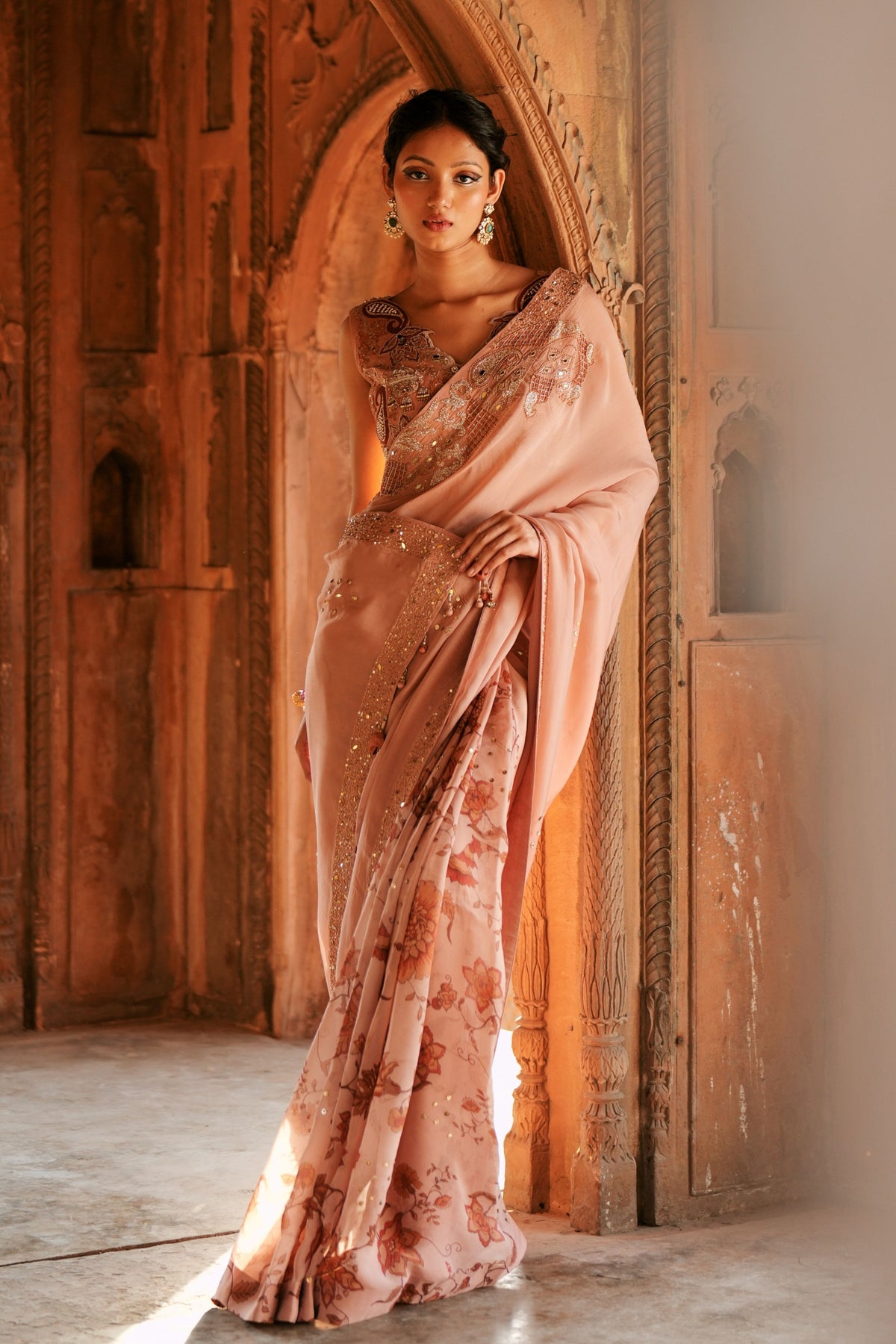 Powder Pink Organza Saree Set