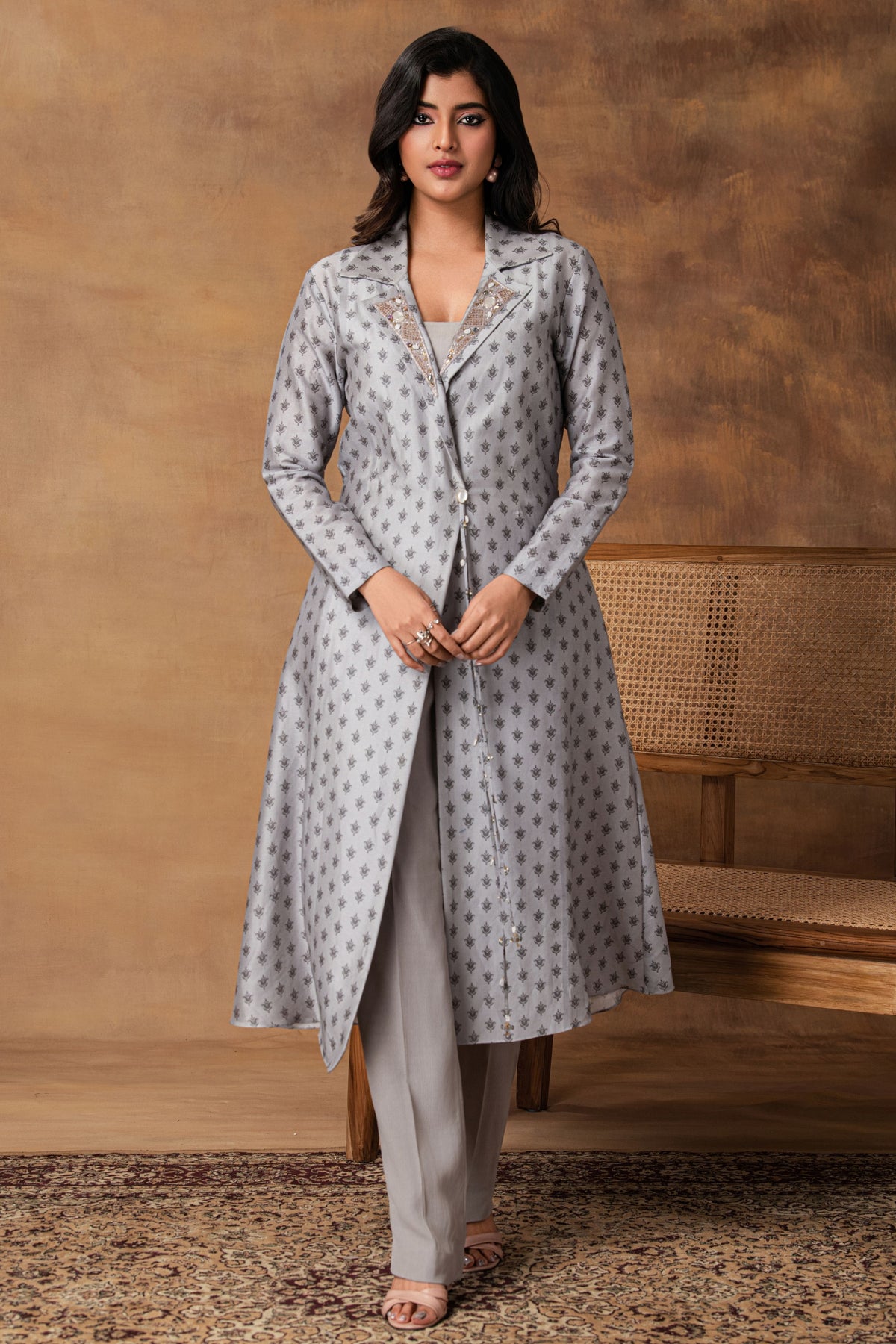Steel Grey Printed Jacket Set