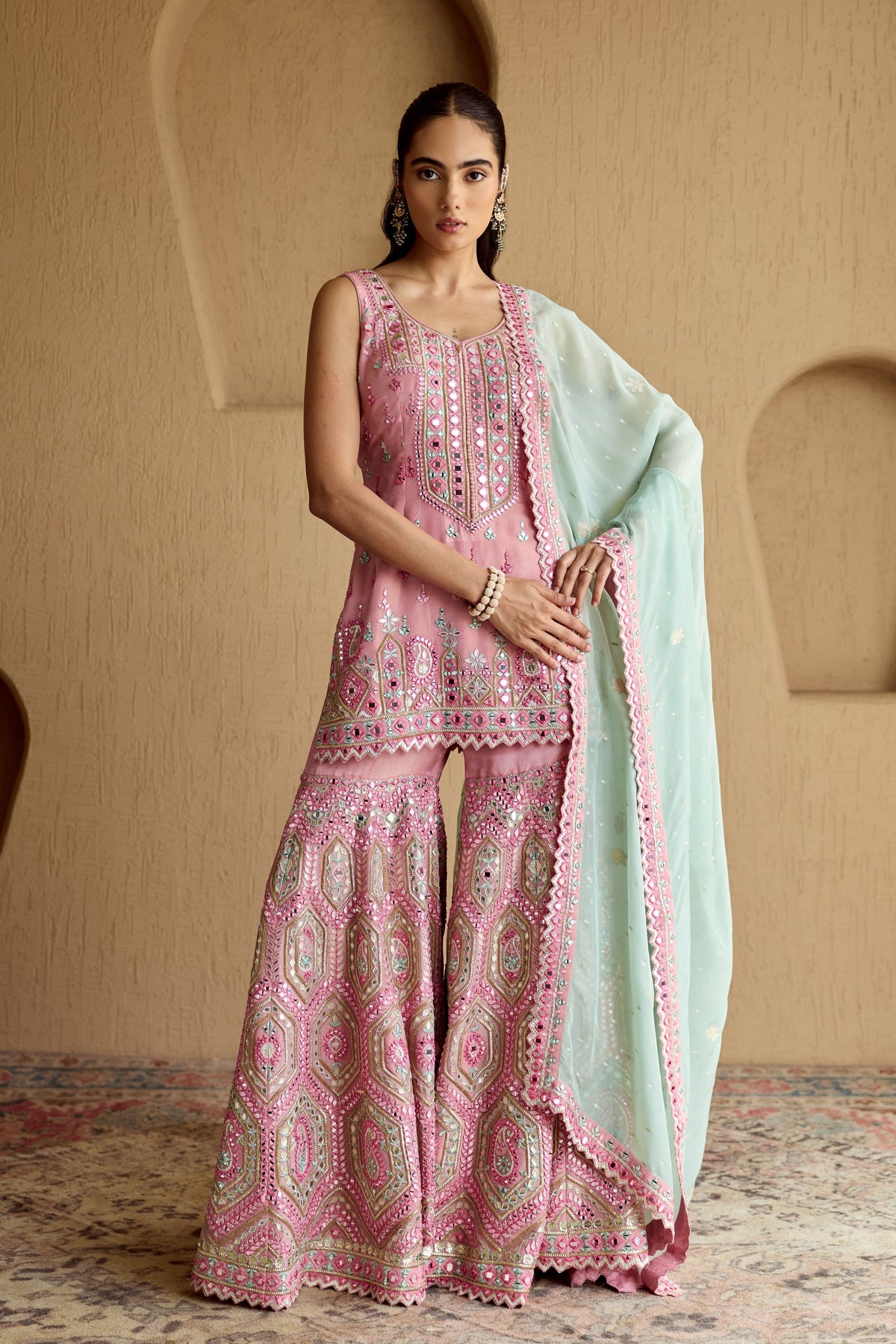 Pink Tisssue Kurta Garara Set