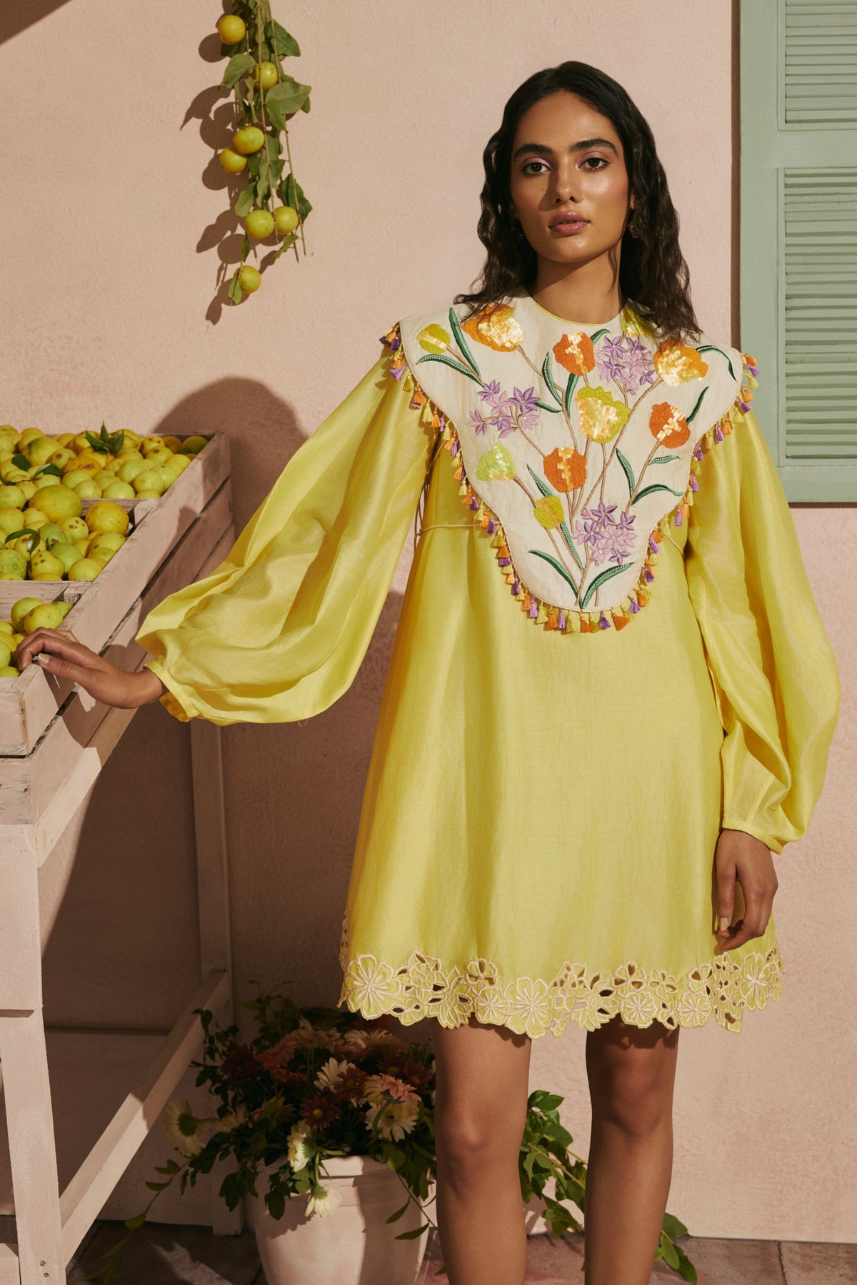 Butter Yellow Short Dress With Tulip Cape