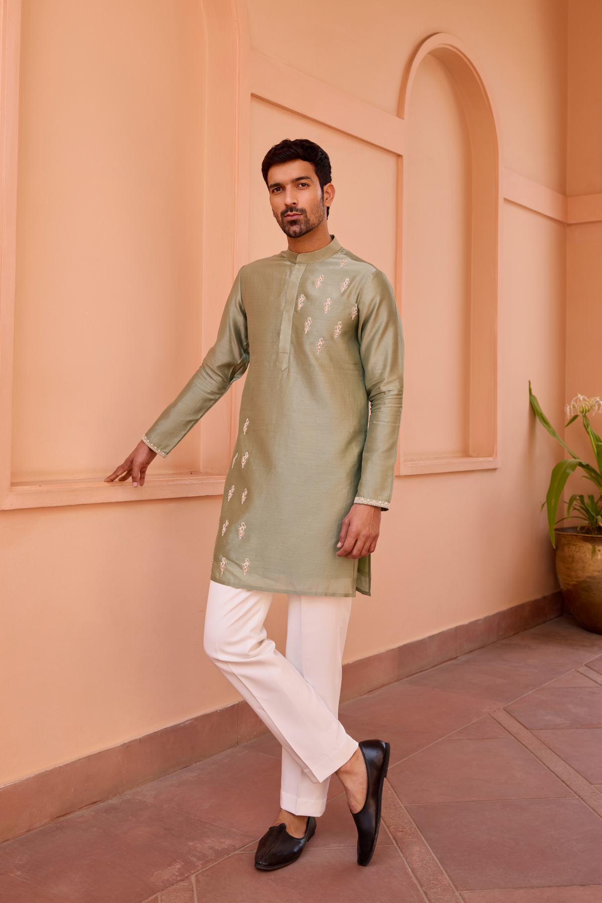 Sage green dori and hand embroidered kurta set