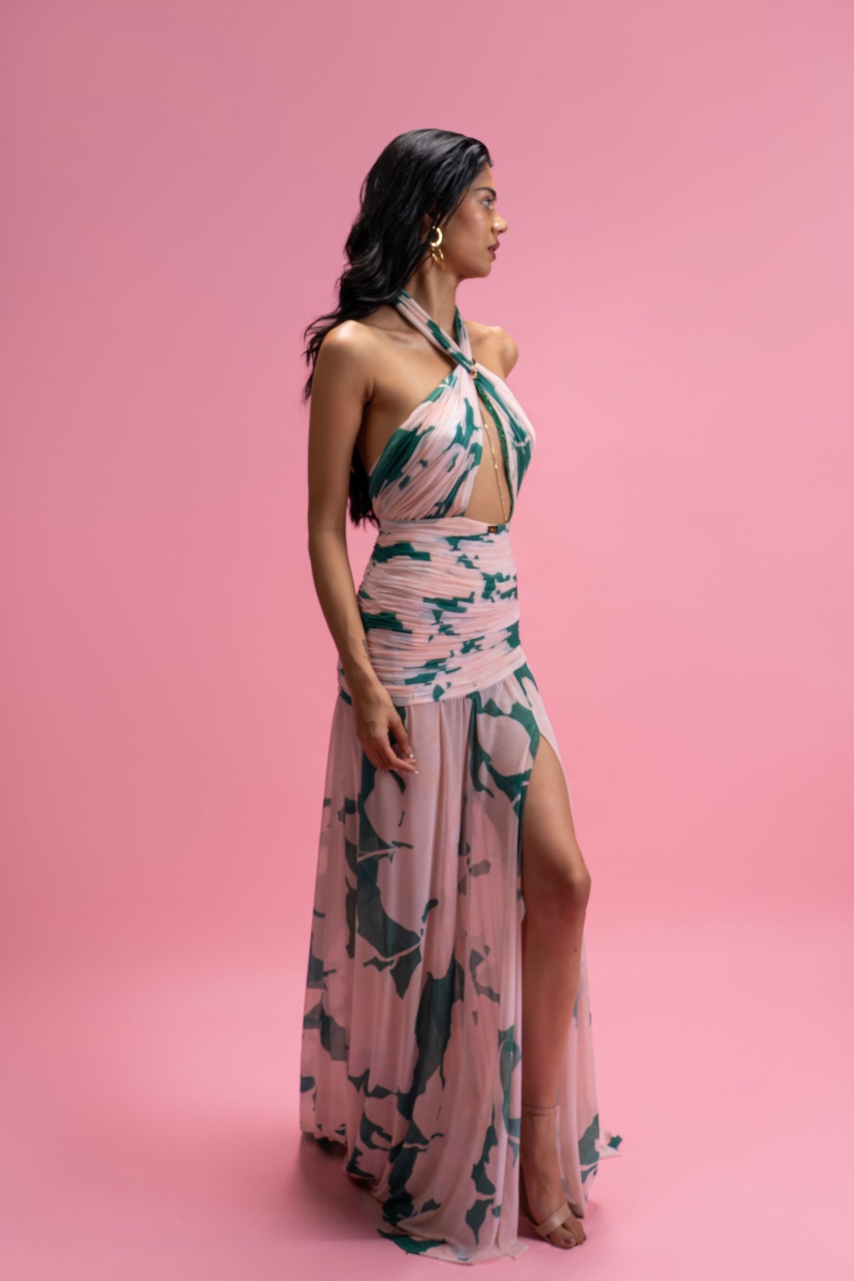 Green Halter Neck Draped Dress