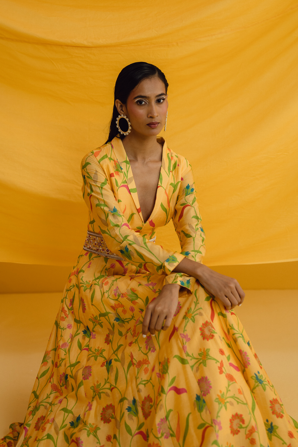 Yellow Mix Print Shawl Collared Maxi