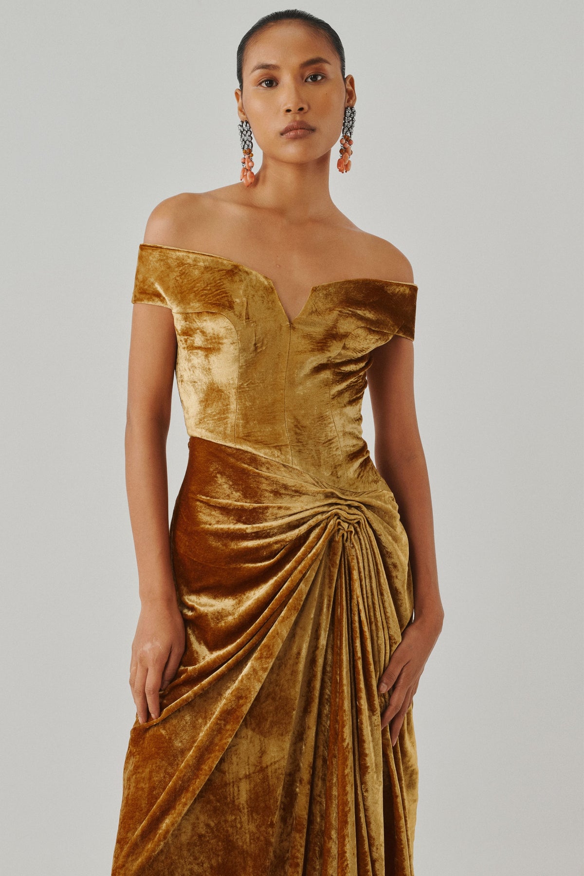 Molten Gold Off-Shoulder Gown