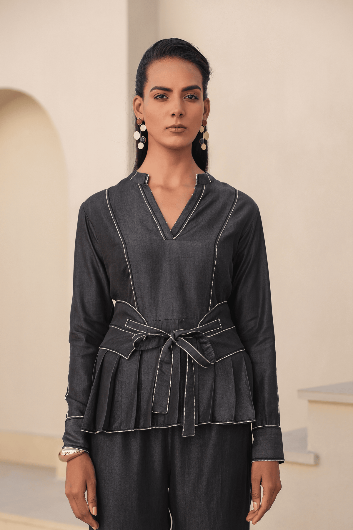 Azure Pleated Peplum Top in Black