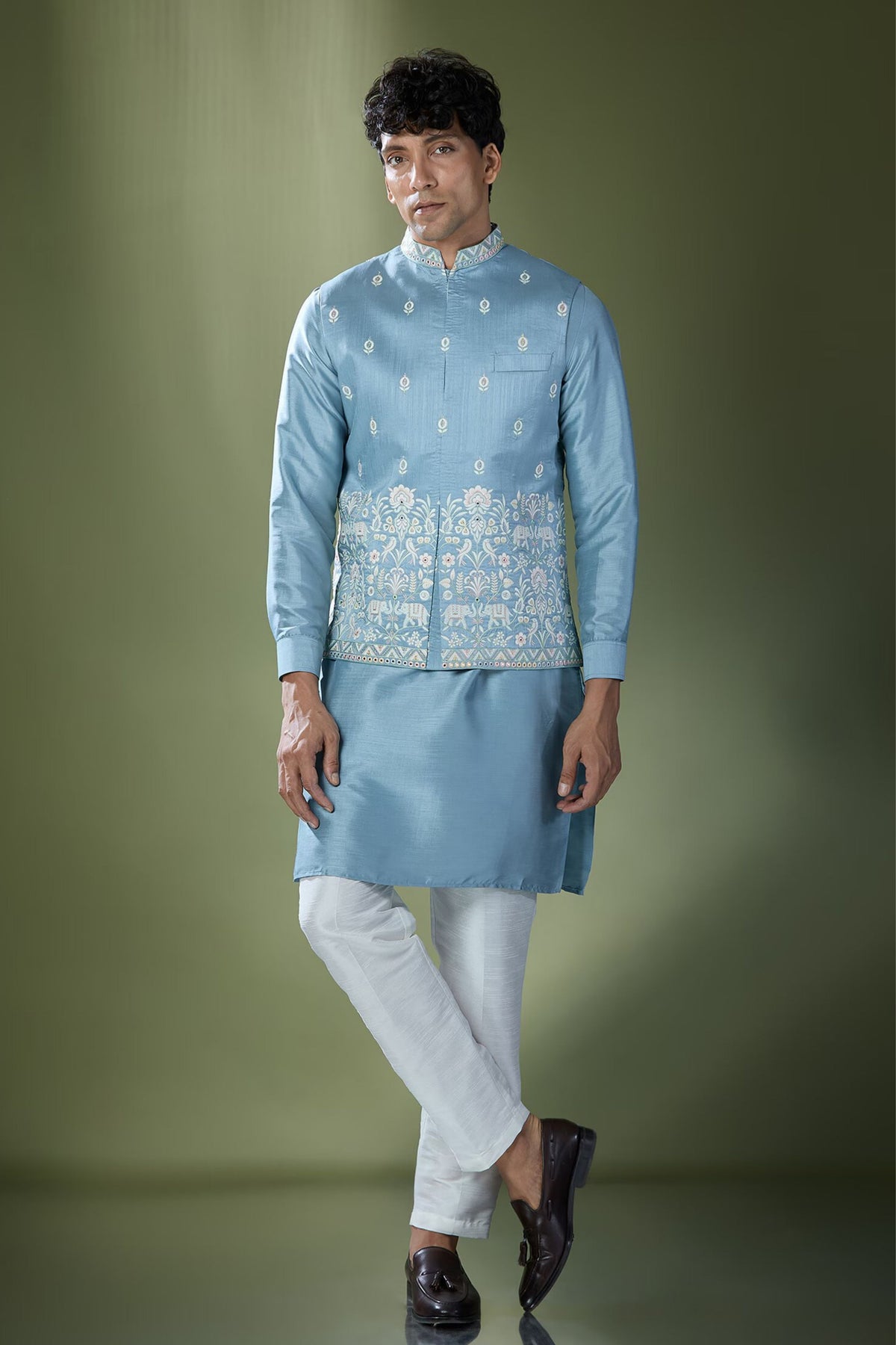 Blue Embroidered Nehru Jacket Set