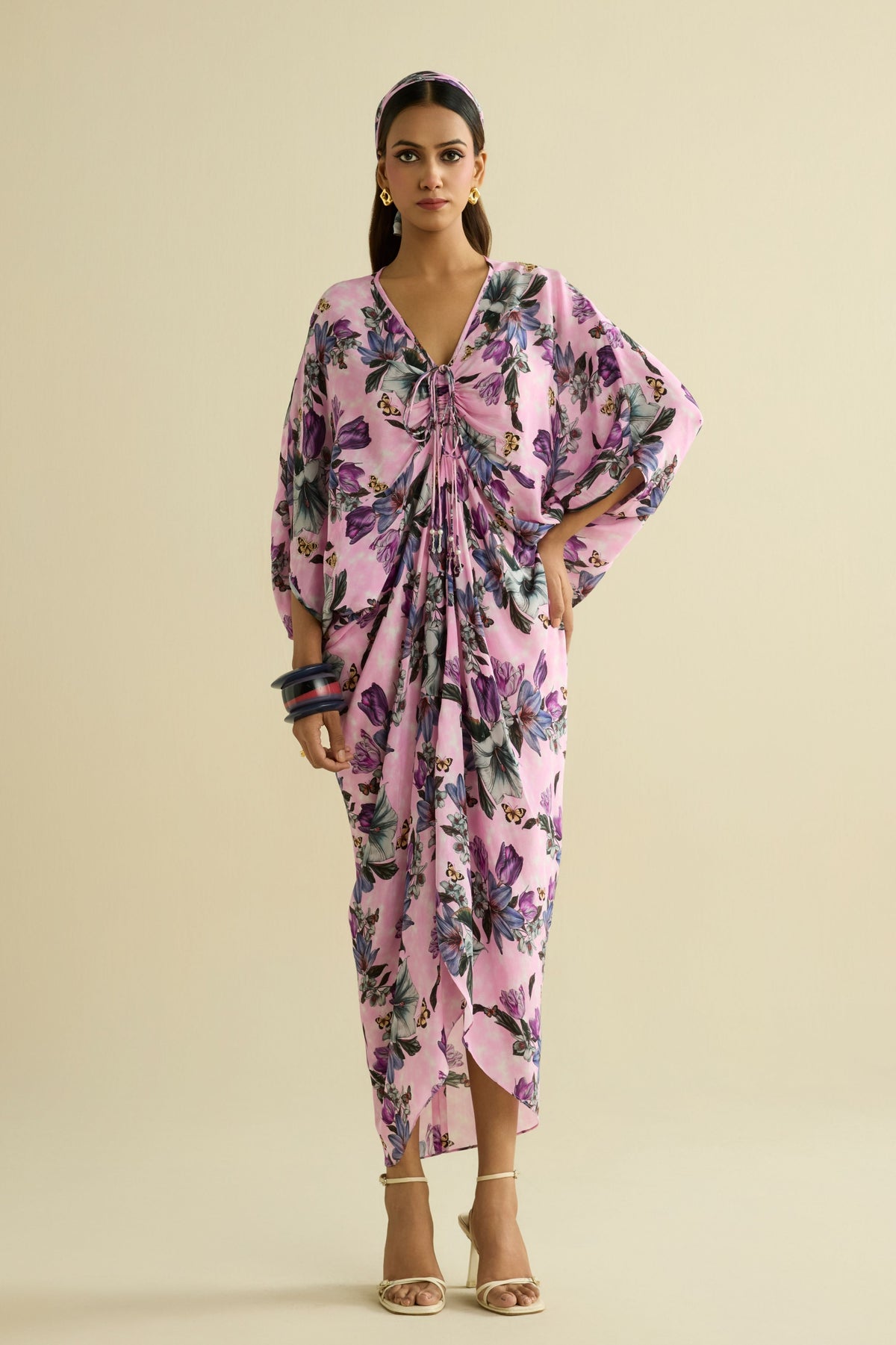 Pink Embroidered Printed Kaftan