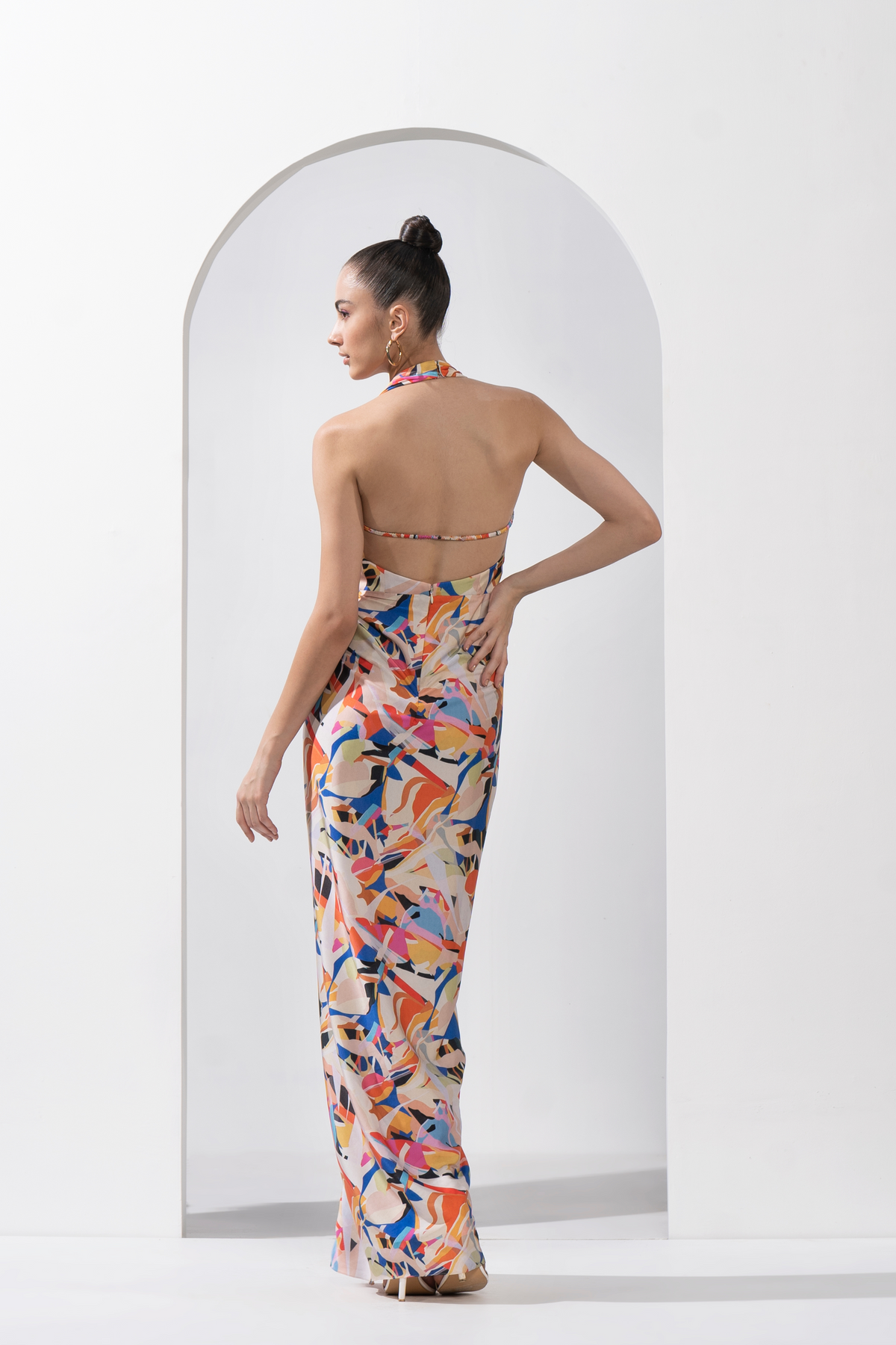 Abstract Geo Printed Draped Halter Neck Dress