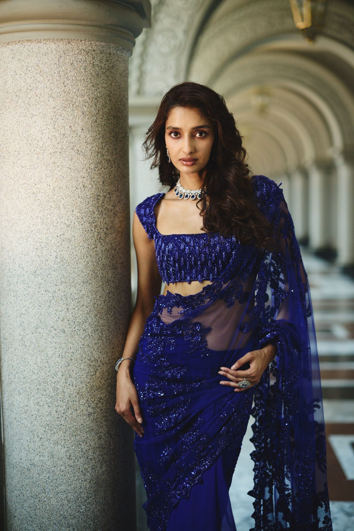 Ink Blue Draped Saree Set