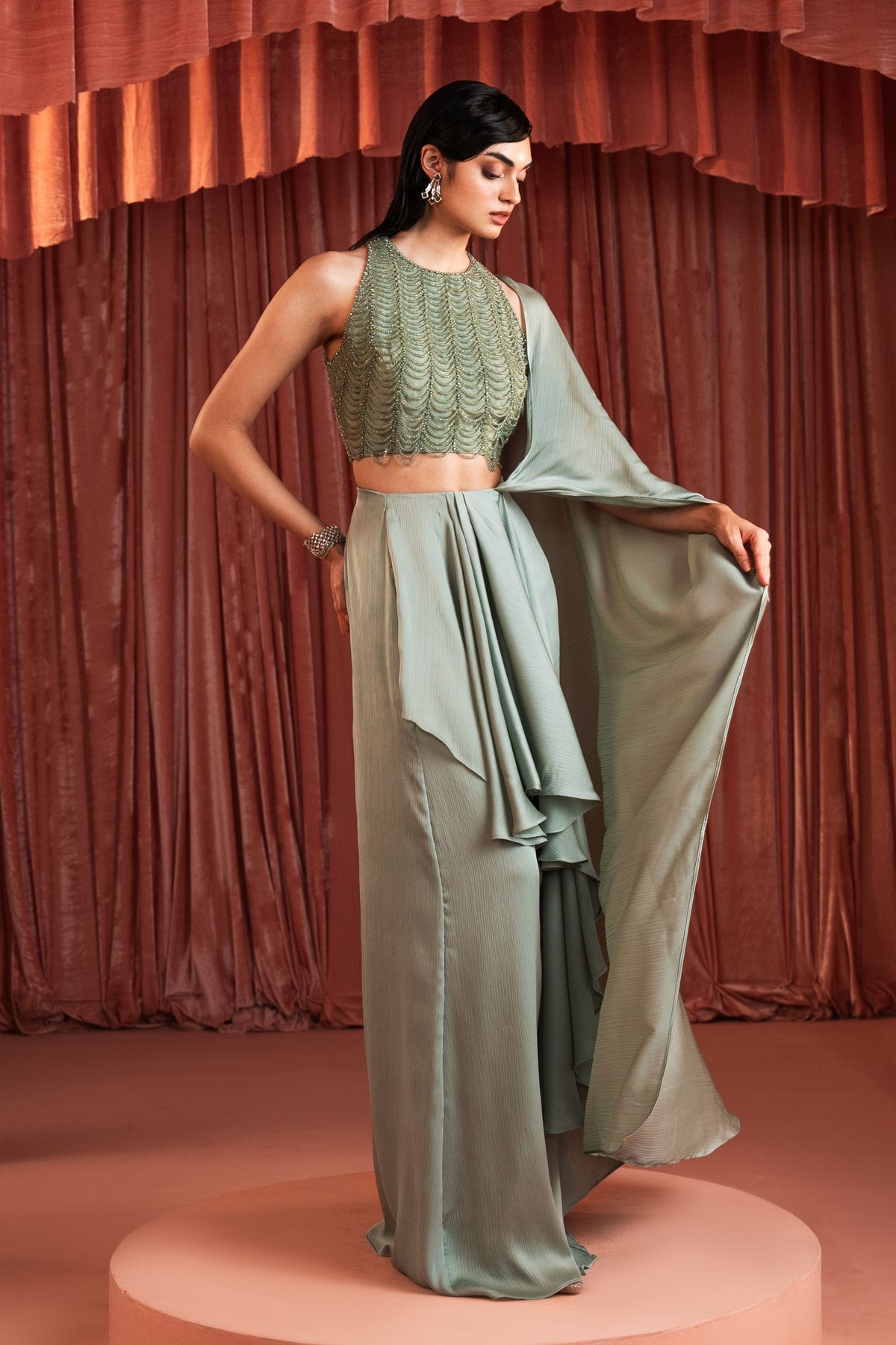 Sage Green Draped Saree Set
