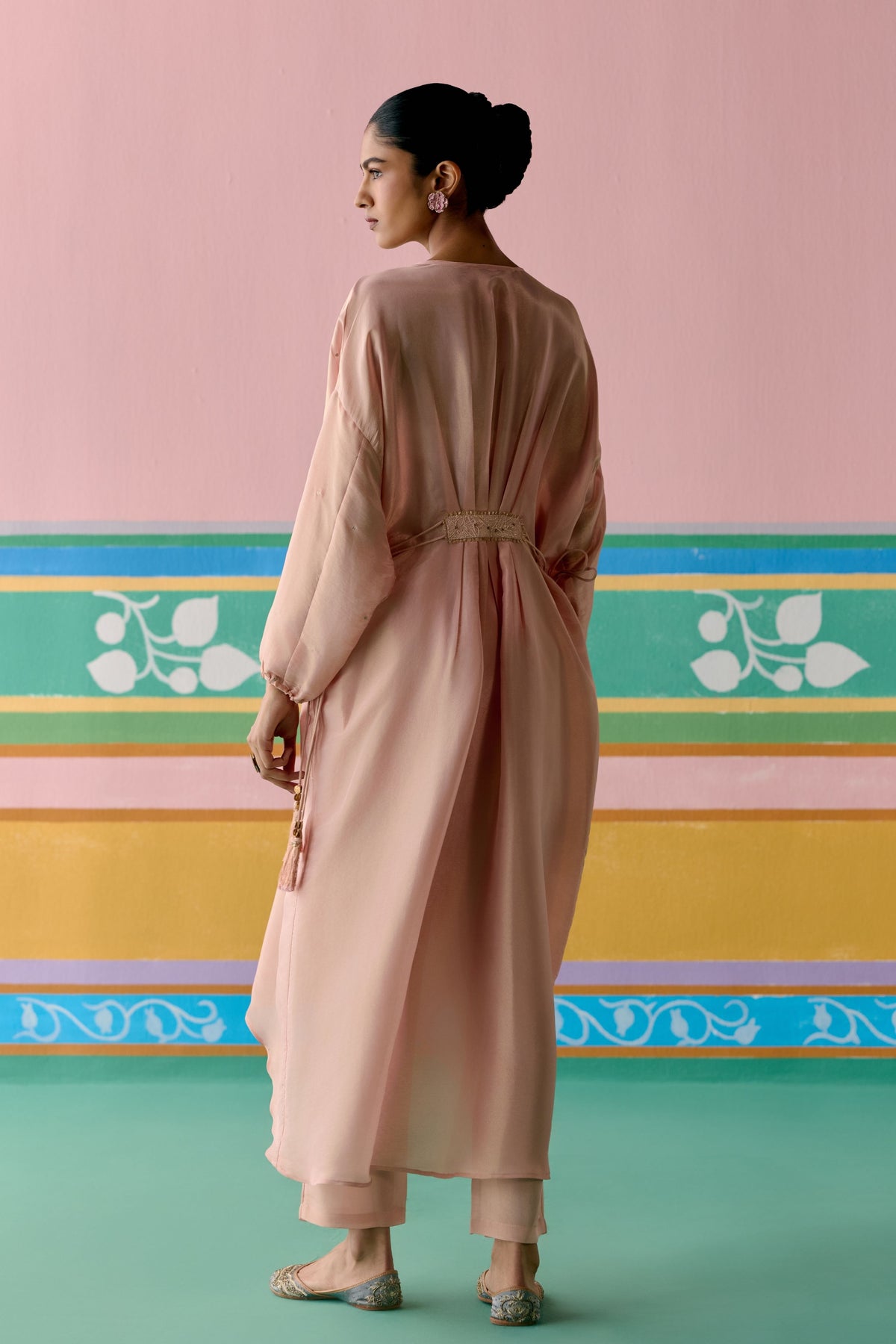 Peach Embroidered Long Kaftan Set