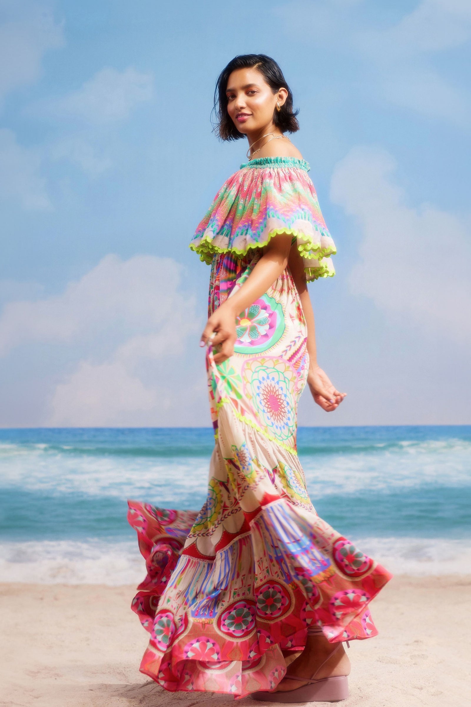 siddhartha bansal off-the-shoulder dress Black Cotton Linen Printed Off-Shoulder Dress Design by SIDDHARTHA BANSAL at Pernia's Pop Up Shop 2026