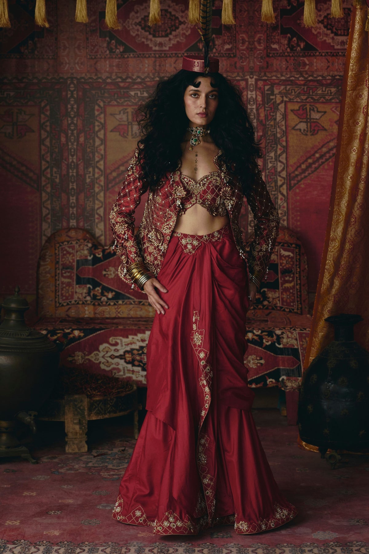 Maroon Drape Skirt Set