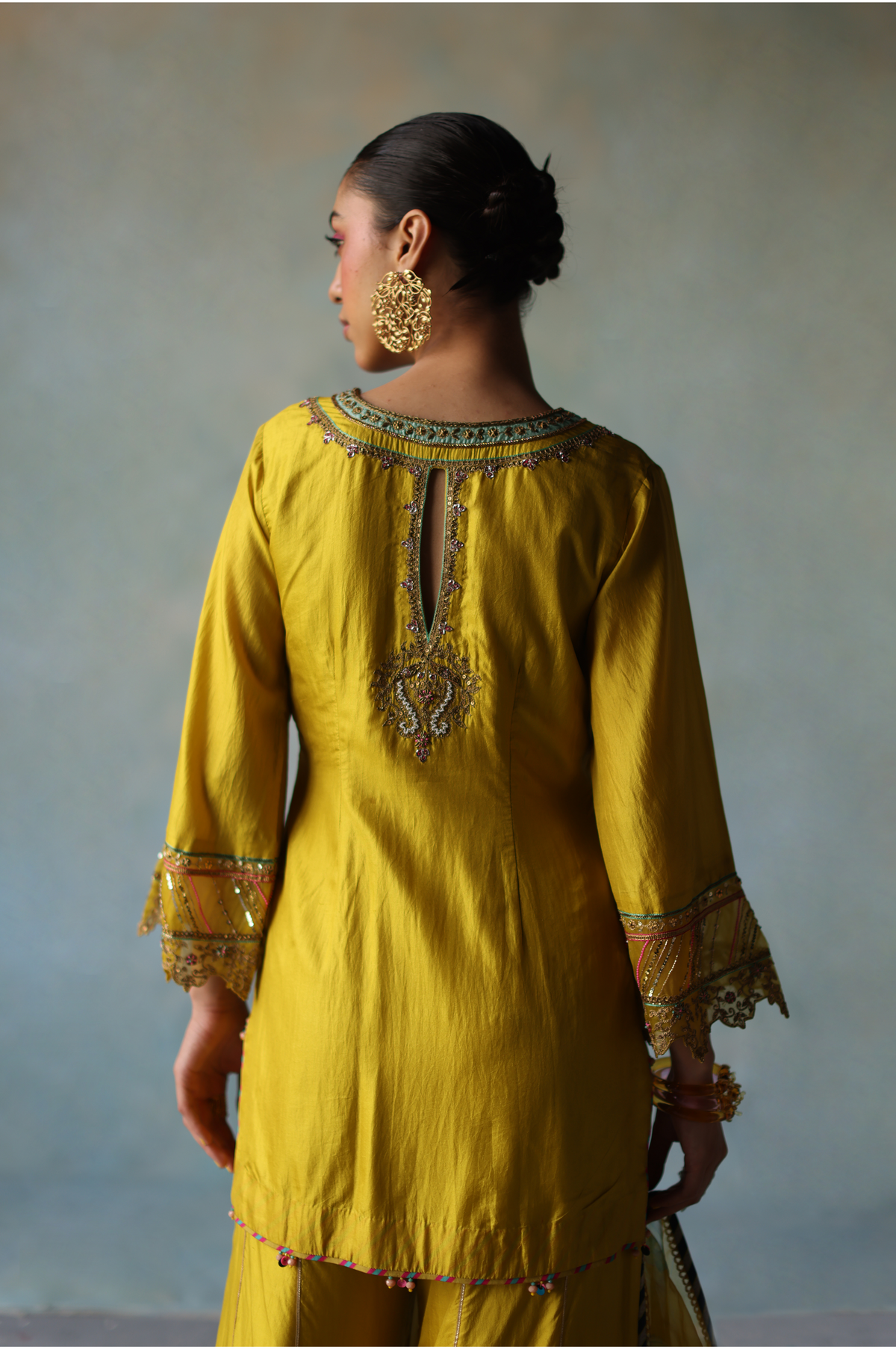 Gul Lime Yellow Silk Sharara Set  